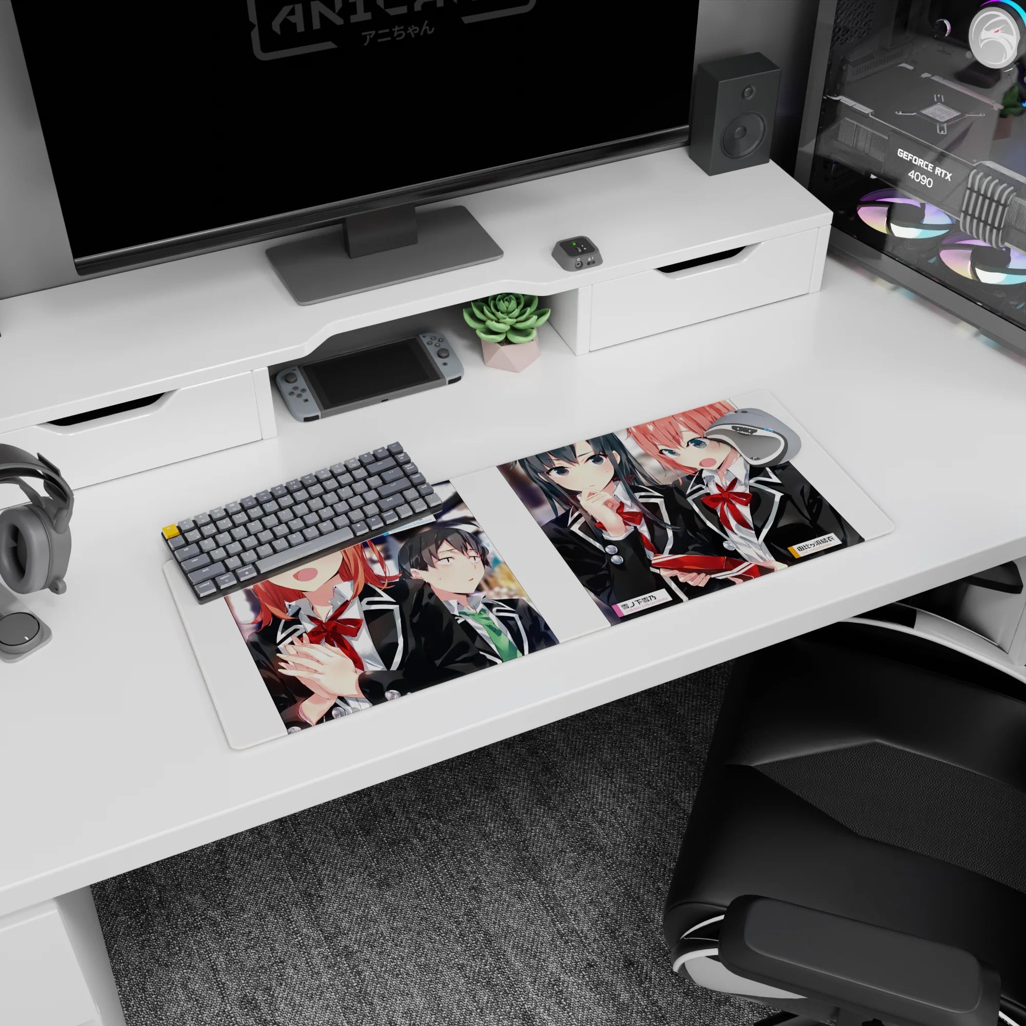 Oregairu scene mouse pad 32x12 inches featuring serious-cute Hachiman and Yukino with Yui close by.