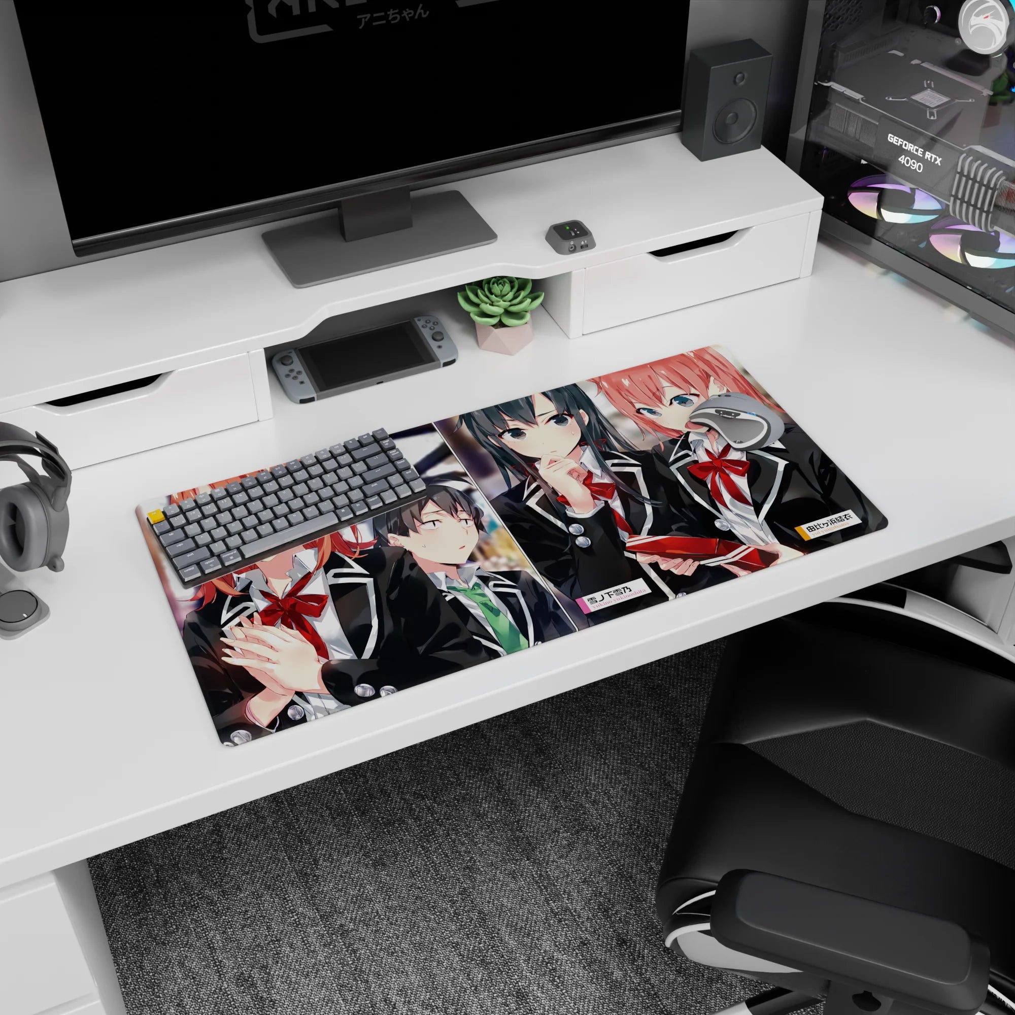 Hachiman, Yukino, and Yui serious-cute scene on an anime girl mouse pad 32x16 inches.