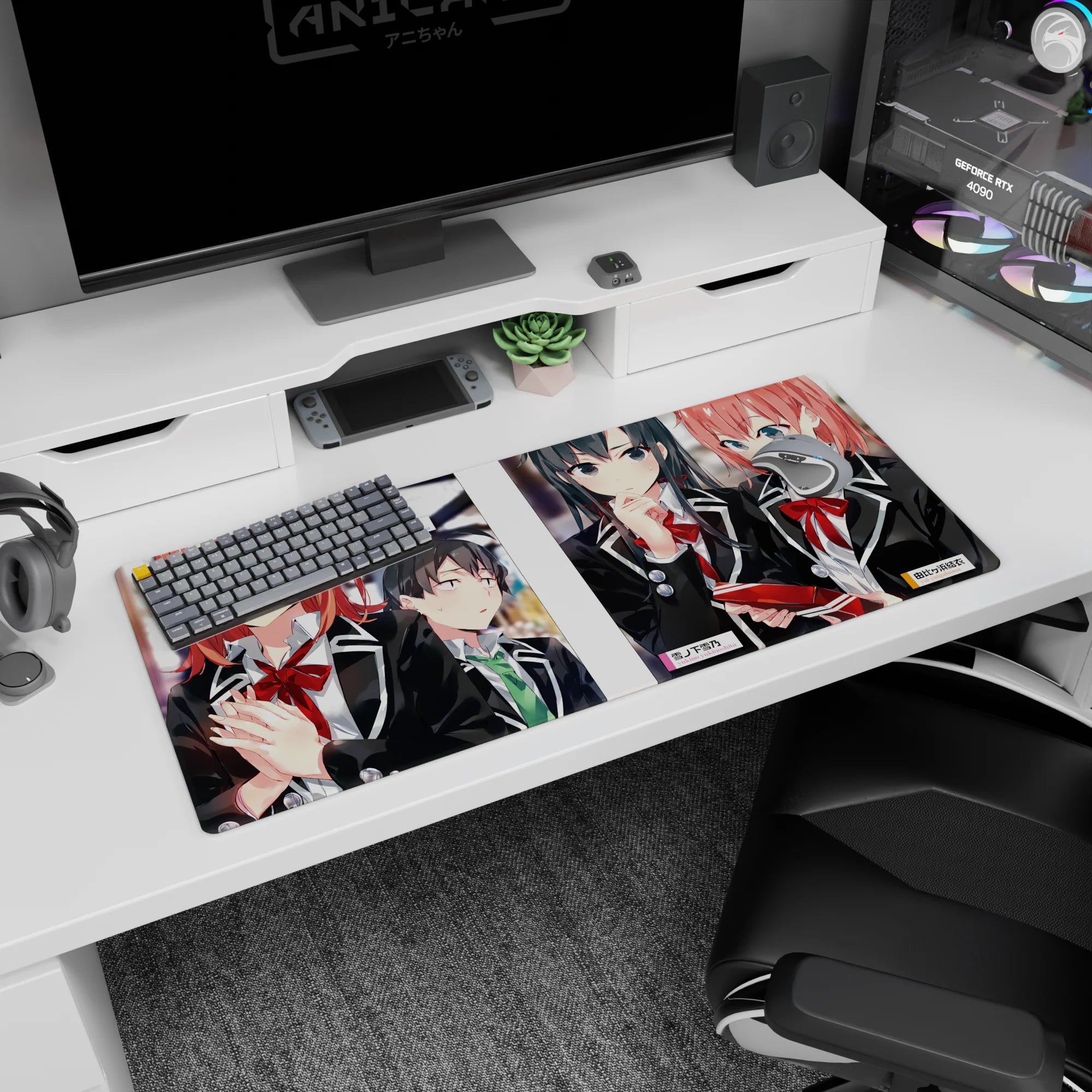Hachiman, Yukino, and Yui serious-cute hallway scene on an Oregairu desk pad 36x16 inches.