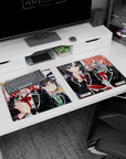Hachiman, Yukino, and Yui serious-cute hallway scene on an Oregairu desk pad 36x16 inches.
