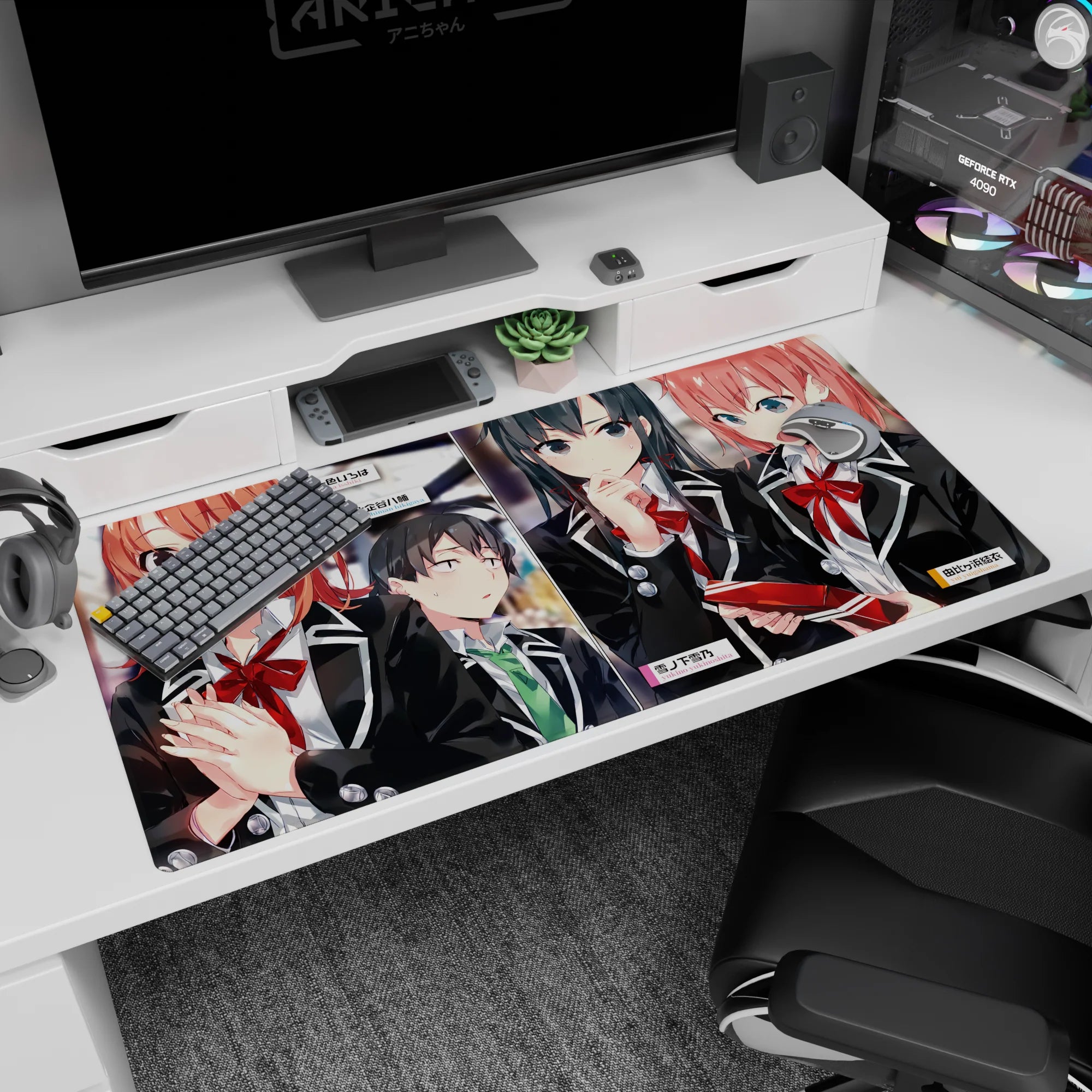 40x20 inches Oregairu desk pad showing serious-cute Hachiman with Yukino and Yui in a hallway scene.