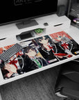 40x20 inches Oregairu desk pad showing serious-cute Hachiman with Yukino and Yui in a hallway scene.