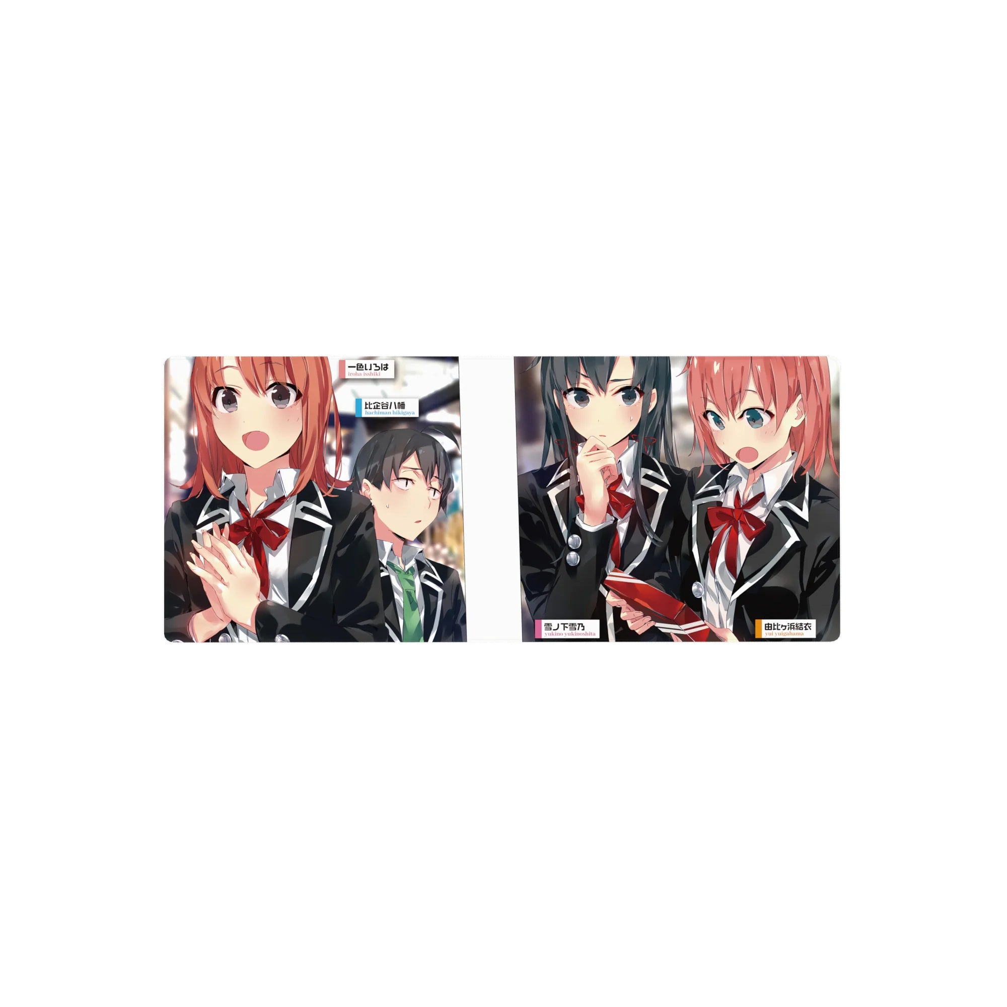 28x12 inches anime girl mouse pad with Oregairu style trio in crisp line art and school blazers.