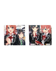 28x12 inches anime girl mouse pad with Oregairu style trio in crisp line art and school blazers.