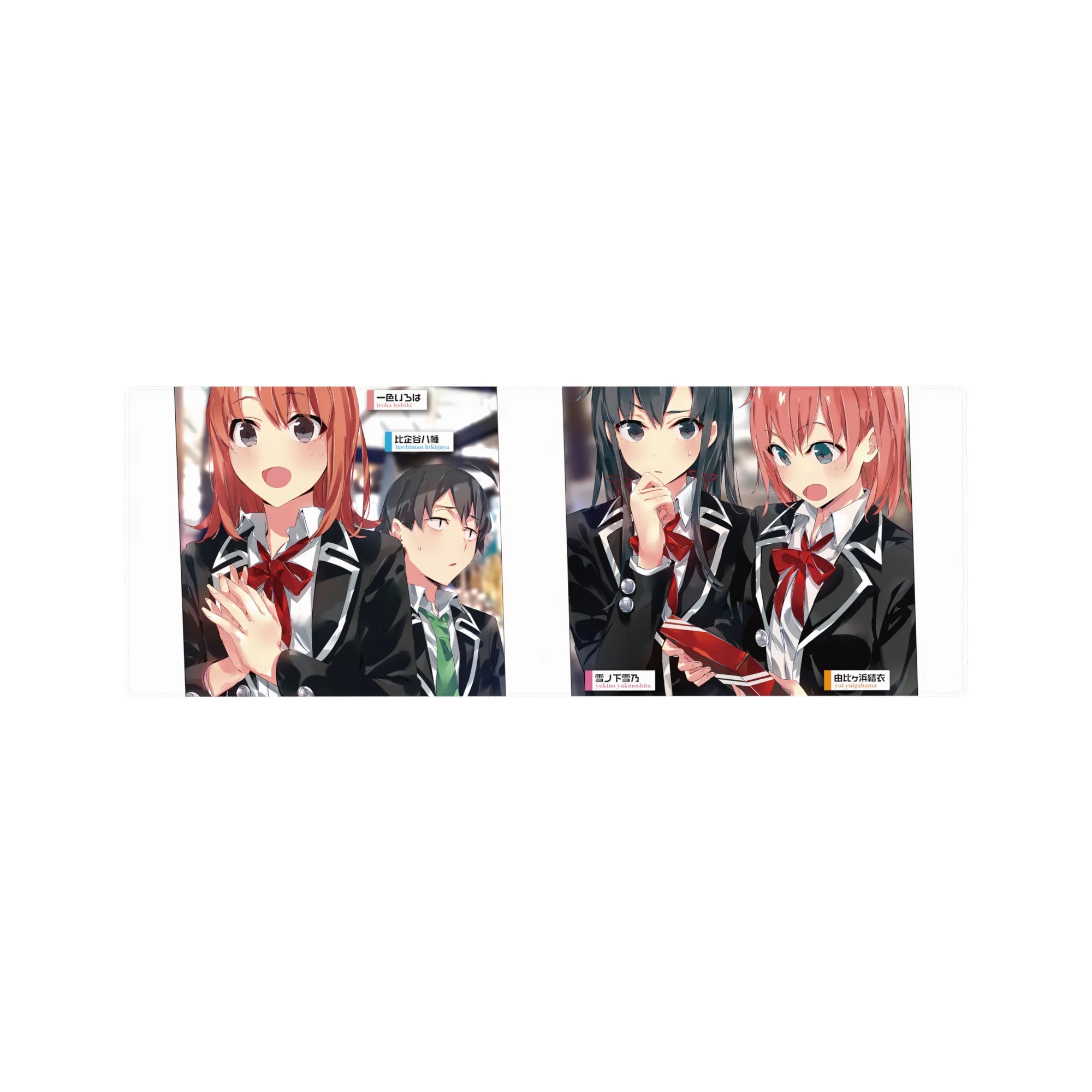 Oregairu anime girl mouse pad 32x12 inches with Hachiman, Yukino, and Yui in sharp school blazers.