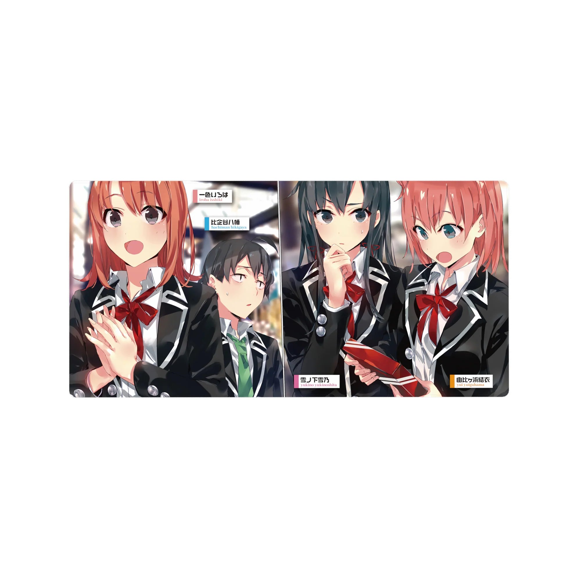Oregairu anime girl mouse pad 32x16 inches with crisp line art of three students in school blazers.