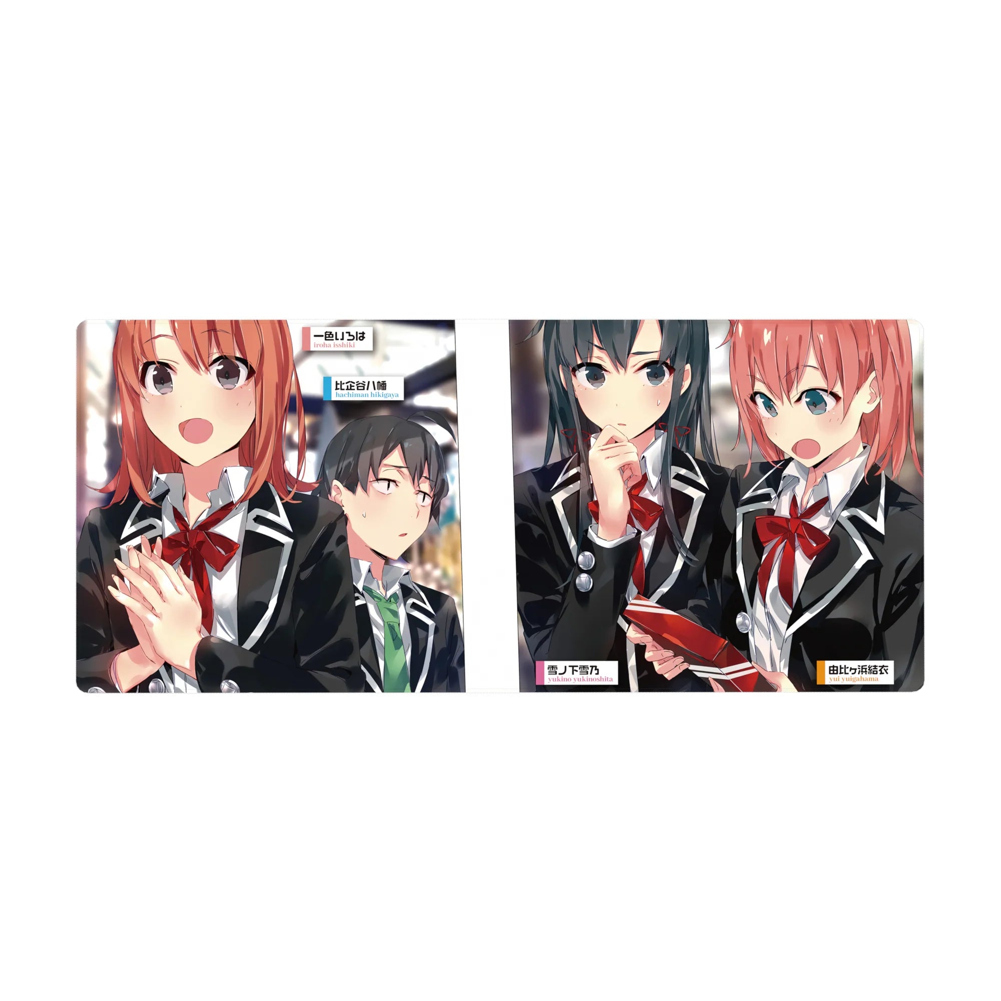 Oregairu anime girl desk pad 36x16 inches with crisp line art of three students in school blazers.