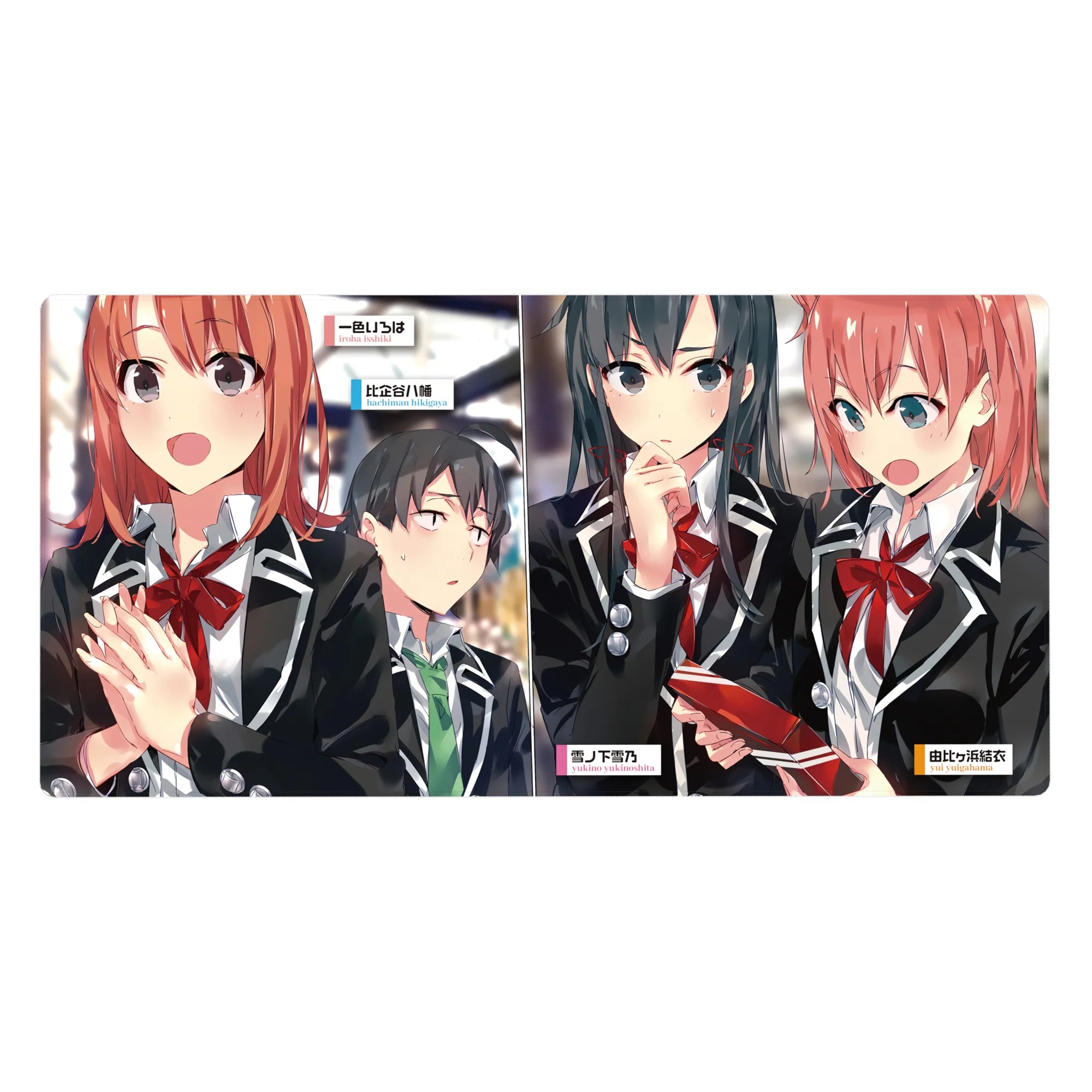 Oregairu anime girl desk pad 40x20 inches with Hachiman, Yukino, and Yui in school blazers.