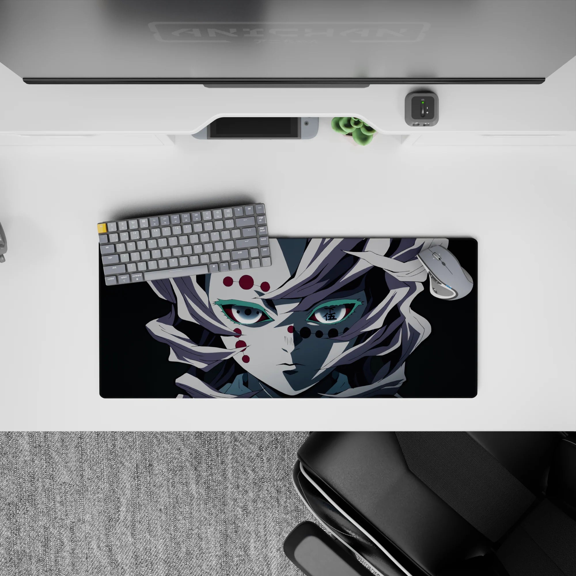Anime mouse pad 28x12 inches featuring Rui from Demon Slayer, showcasing his pale hair and red eyes amid Mount Natagumo's eerie quiet.