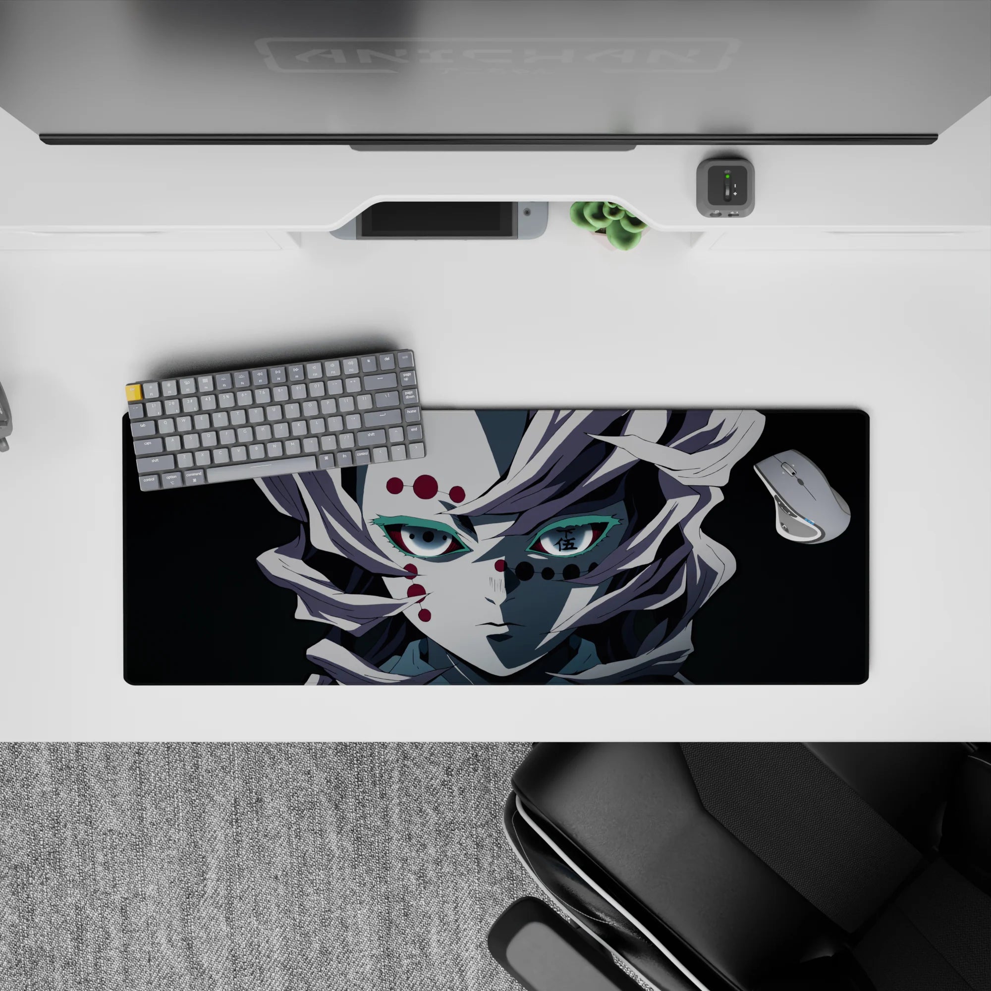 Anime mouse pad 32x12 inches featuring Rui from Demon Slayer with pale hair, red eyes, and eerie Mount Natagumo setting.