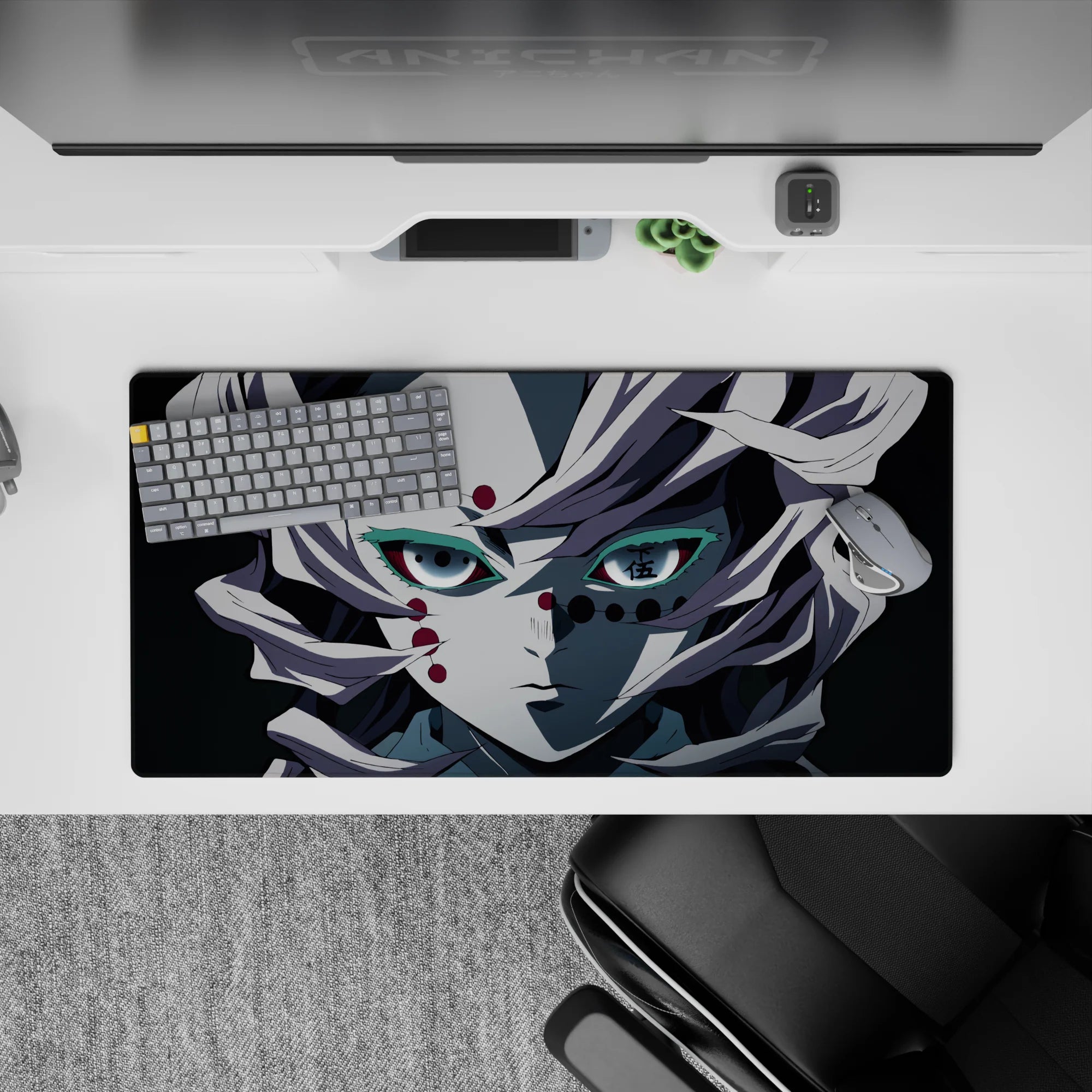 Anime mouse pad 32x16 inches featuring Rui from Demon Slayer, with spider-silk hair, red eyes, and eerie Mount Natagumo backdrop.