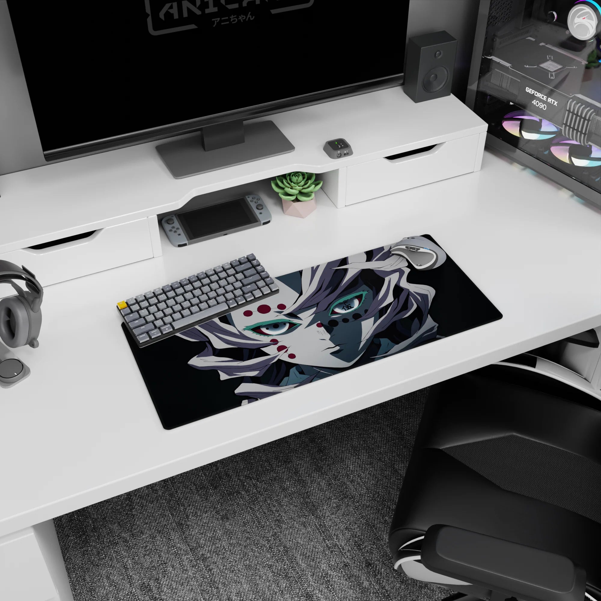 Anime mouse pad 28x12 inches featuring Rui from Demon Slayer; eerie stillness, spider-silk hair, red eyes, haunting beauty.