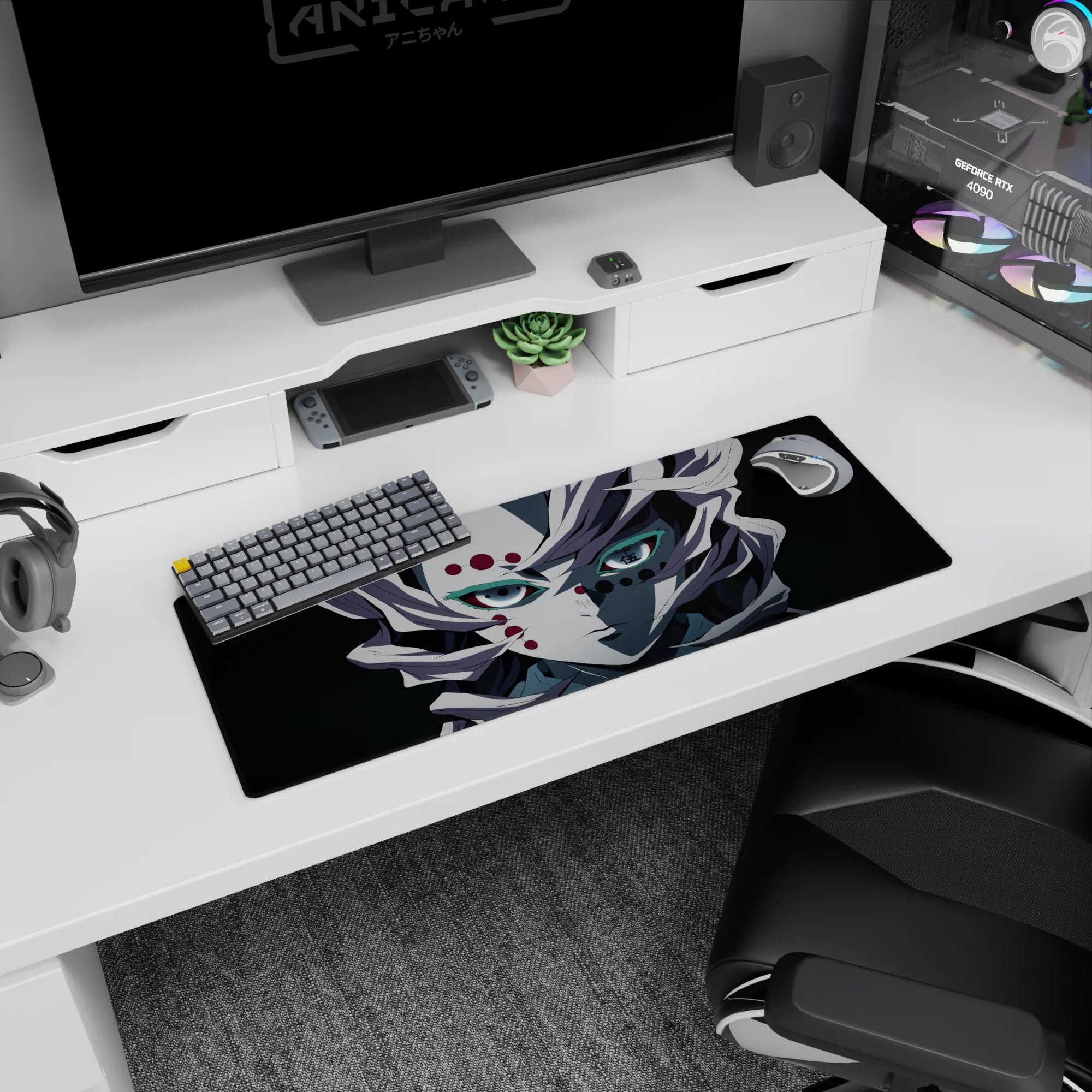 Anime mouse pad 32x12 inches featuring Rui from Demon Slayer, capturing the eerie quiet of Mount Natagumo in chilling detail.