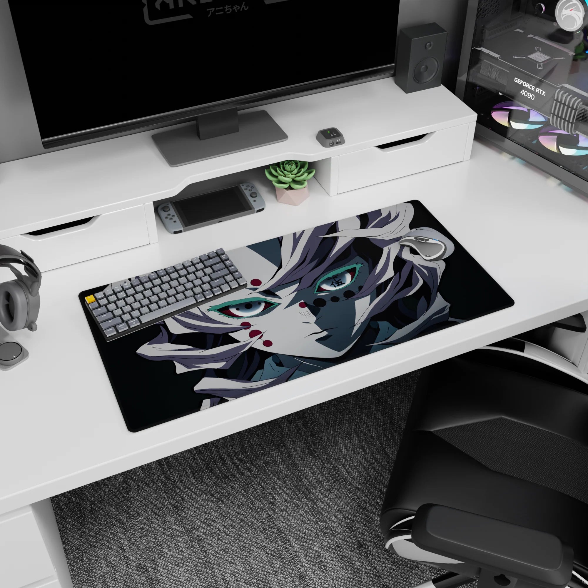 Anime mouse pad 32x16 inches featuring Rui from Demon Slayer, capturing his stillness with pale hair and red eyes.