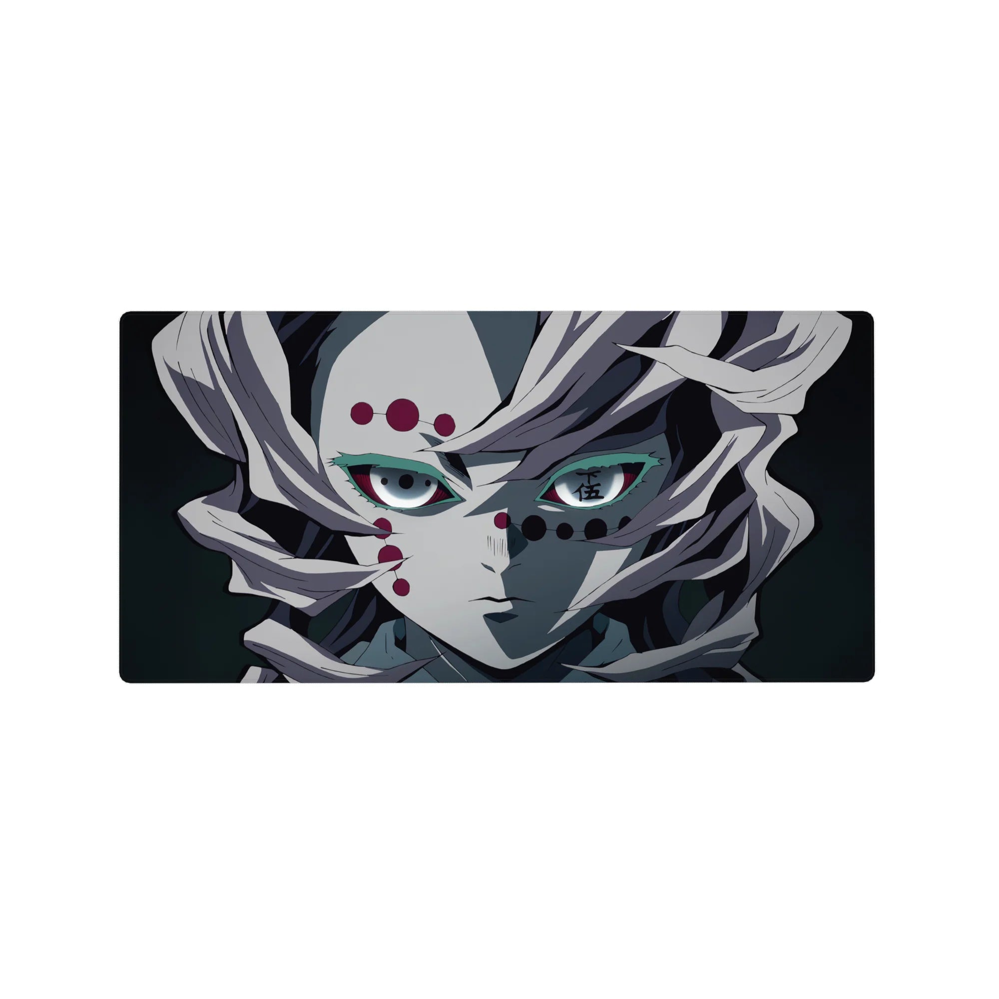 Anime mouse pad 32x16 inches featuring Rui from Demon Slayer, with pale hair, red eyes, and maroon accents, capturing eerie quiet.