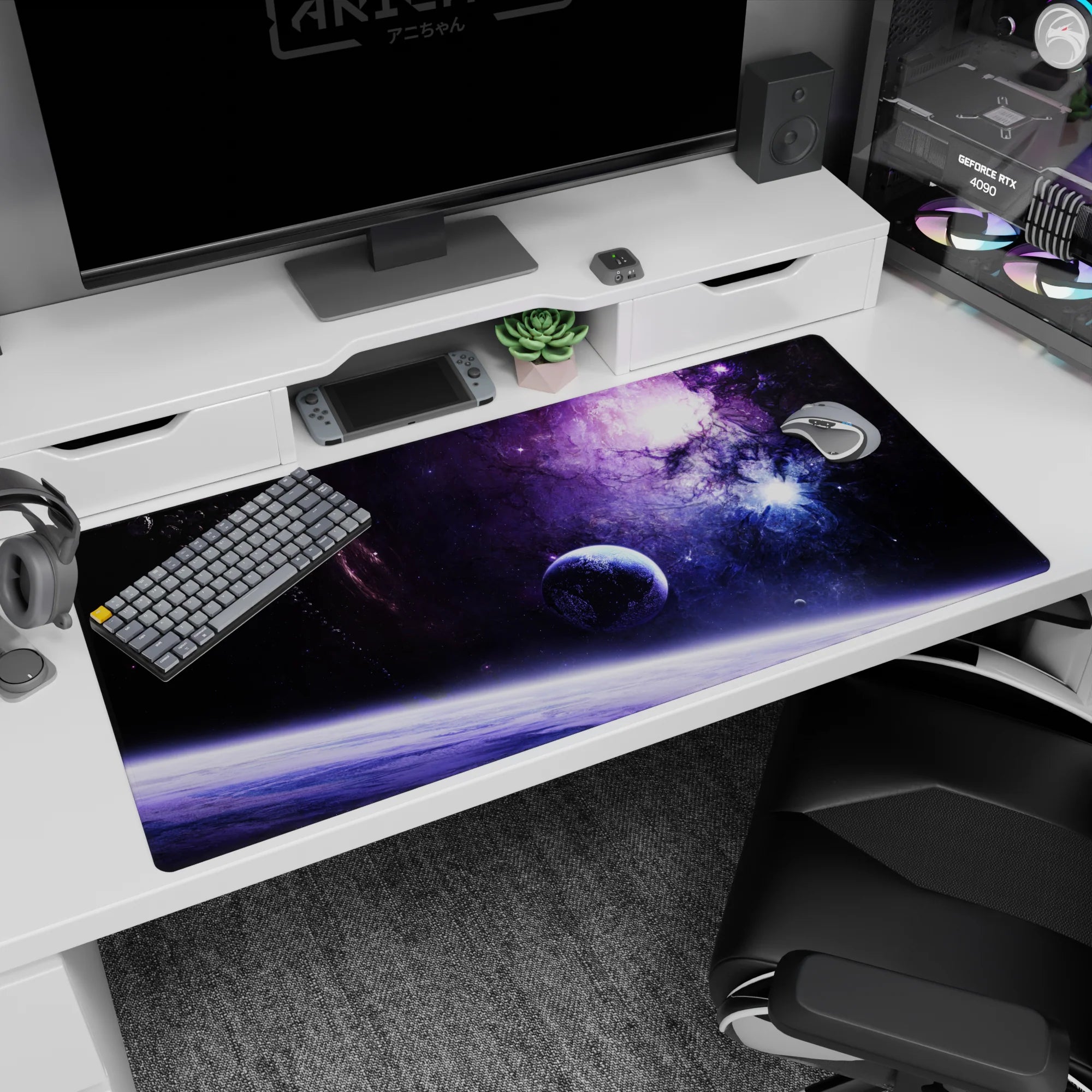 40x20 inches desk pad showing a cool blue planet hanging over violet nebula clouds and starry dust.