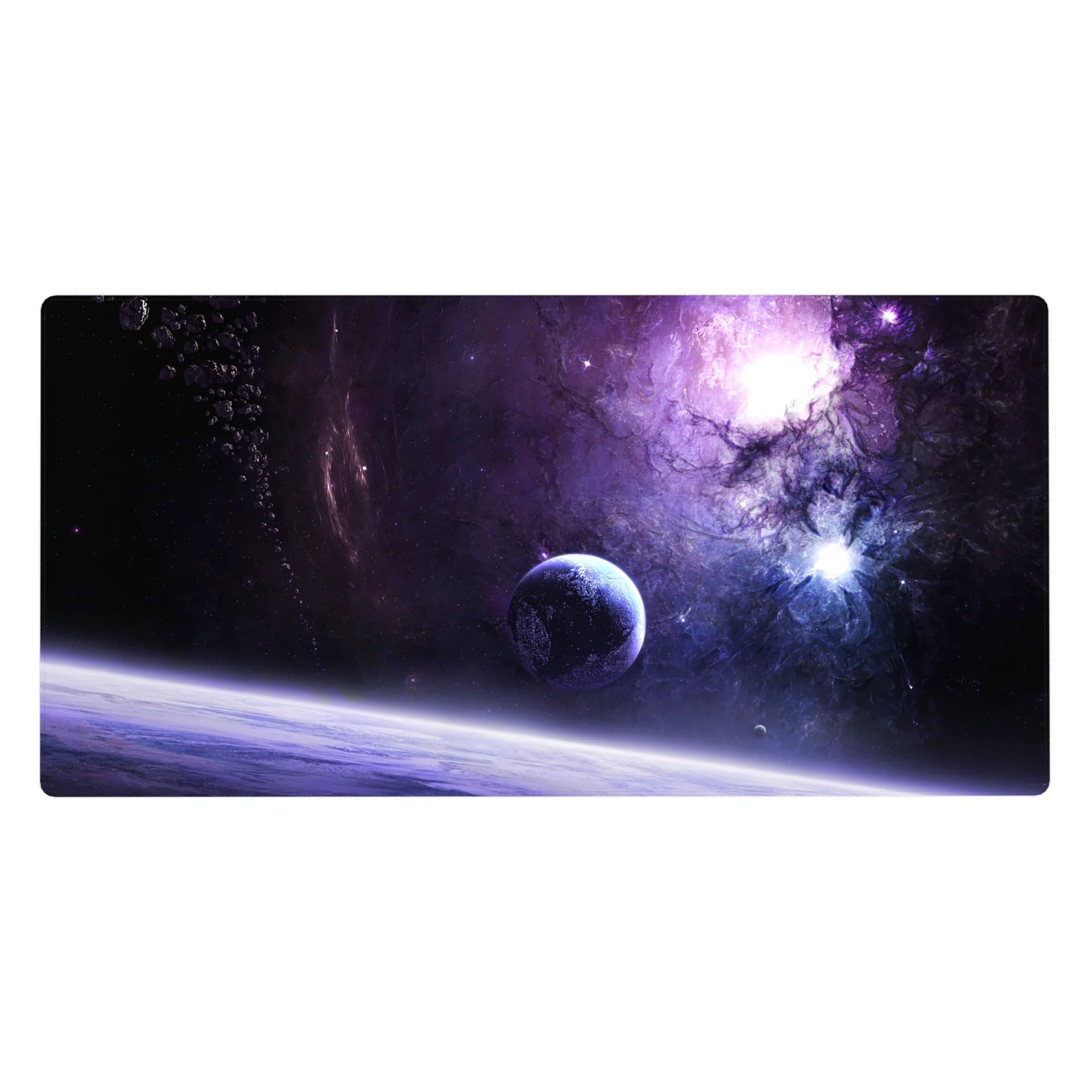 Galaxy desk pad 40x20 inches with nebula swirls, stardust specks, and a bright cosmic glow.