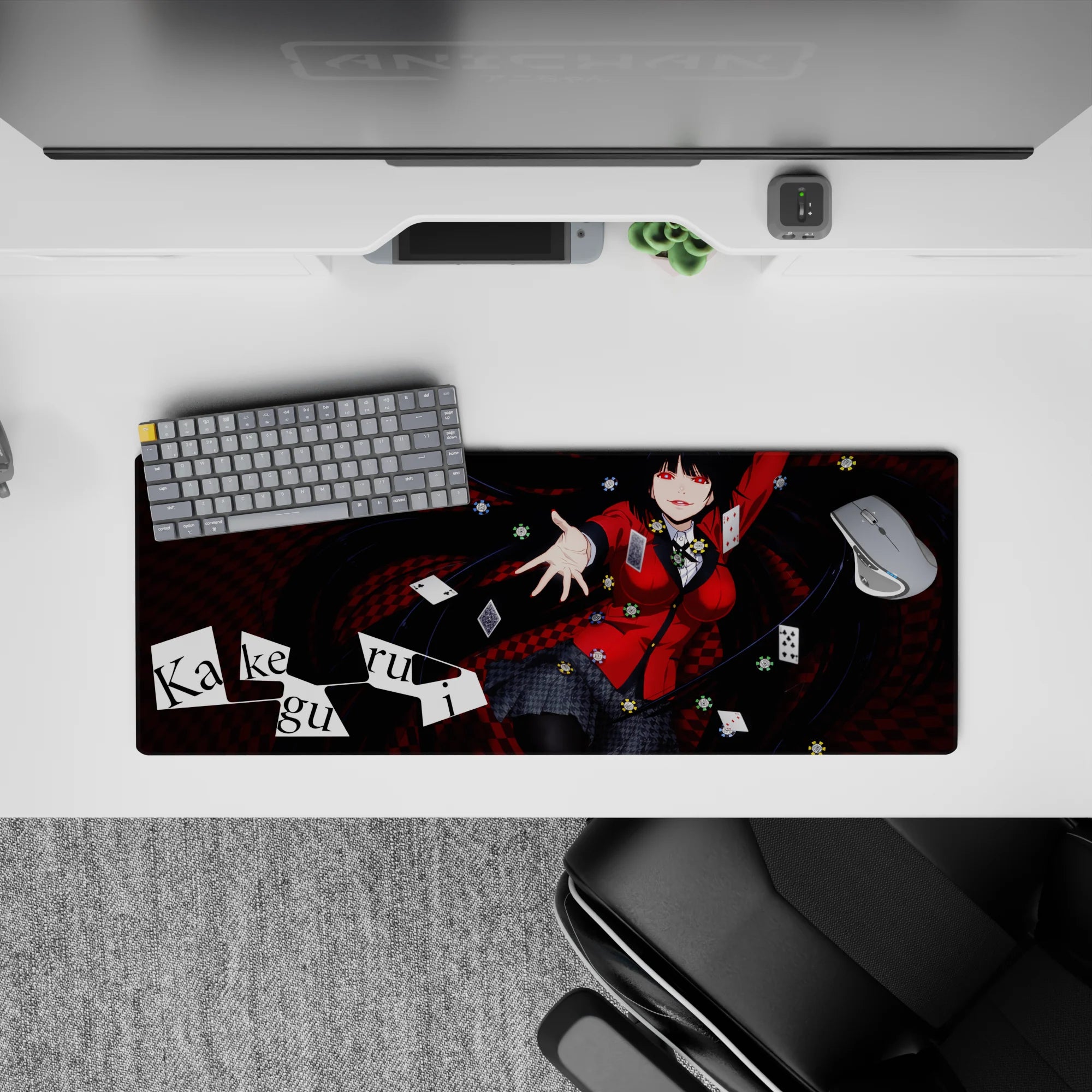 32x12 inches mouse pad in black-red checker swirl with crimson blazer vibes, bold lucky casino mood.
