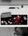 32x12 inches mouse pad in black-red checker swirl with crimson blazer vibes, bold lucky casino mood.