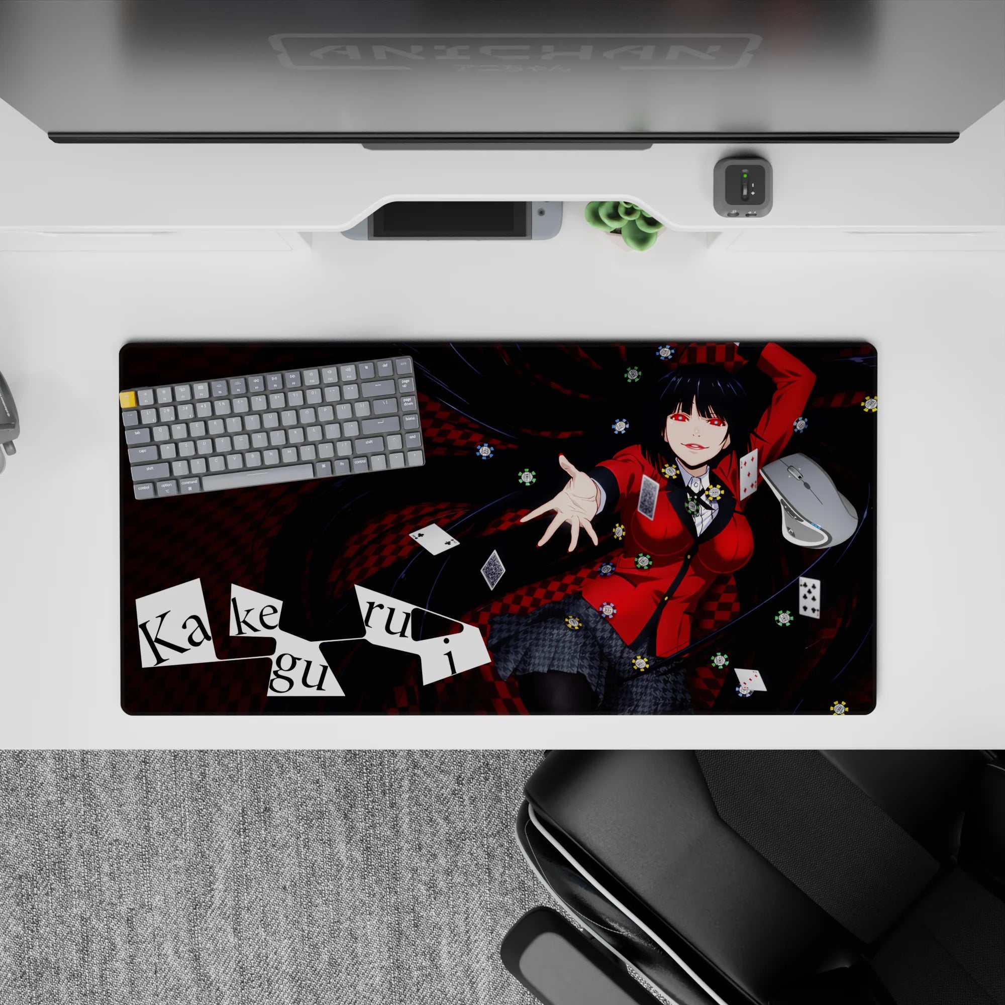32x16 inches anime girl mouse pad in red-and-black checker chaos, glossy chips, high-stakes mood.