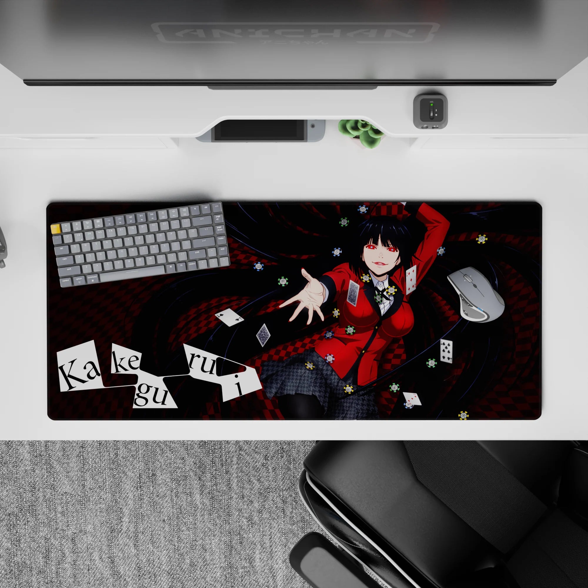 36x16 inches desk pad in crimson, black, and red with high-stakes gambling vibe and swirling pattern.