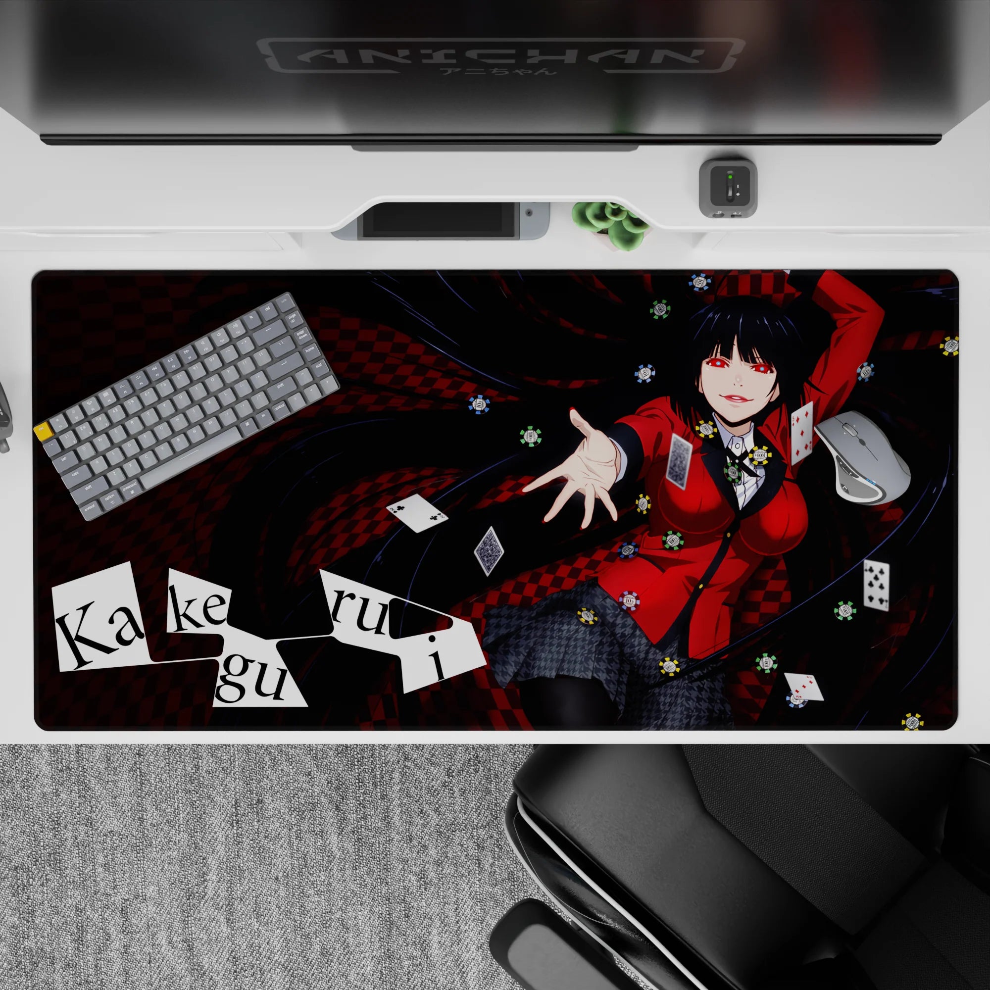 40x20 inches desk pad in bold crimson and black, lucky casino chaos vibe with swirling checker pattern.