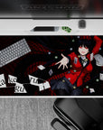 40x20 inches desk pad in bold crimson and black, lucky casino chaos vibe with swirling checker pattern.