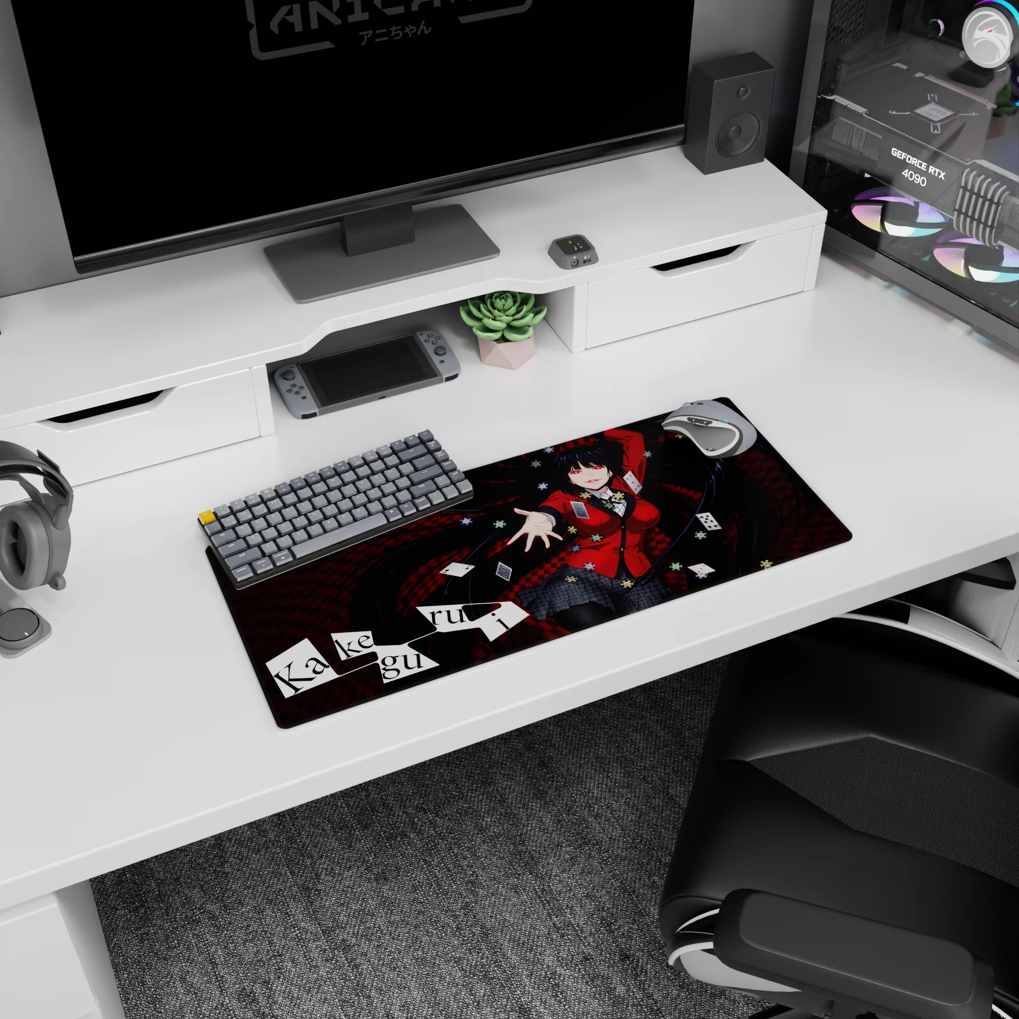 28x12 inches Kakegurui Yumeko Jabami mouse pad, reaching out grinning amid flying cards and chips.
