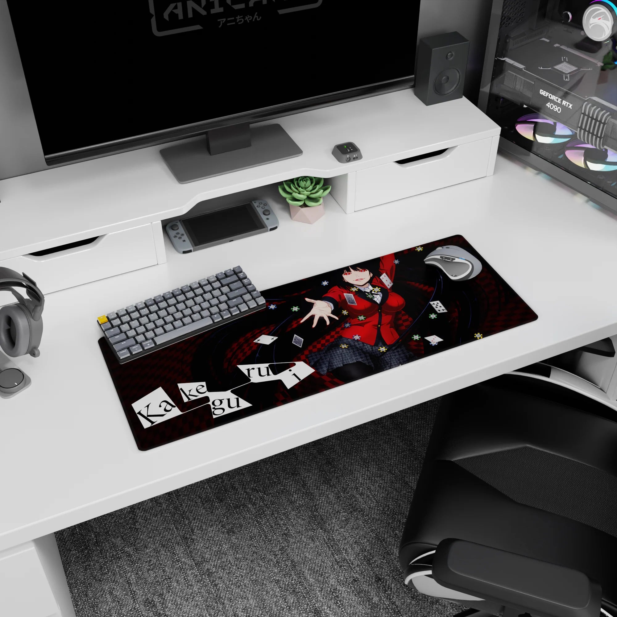 32x12 inches Kakegurui Yumeko Jabami mouse pad reaching out grinning, cards tumbling and chips sparkling.