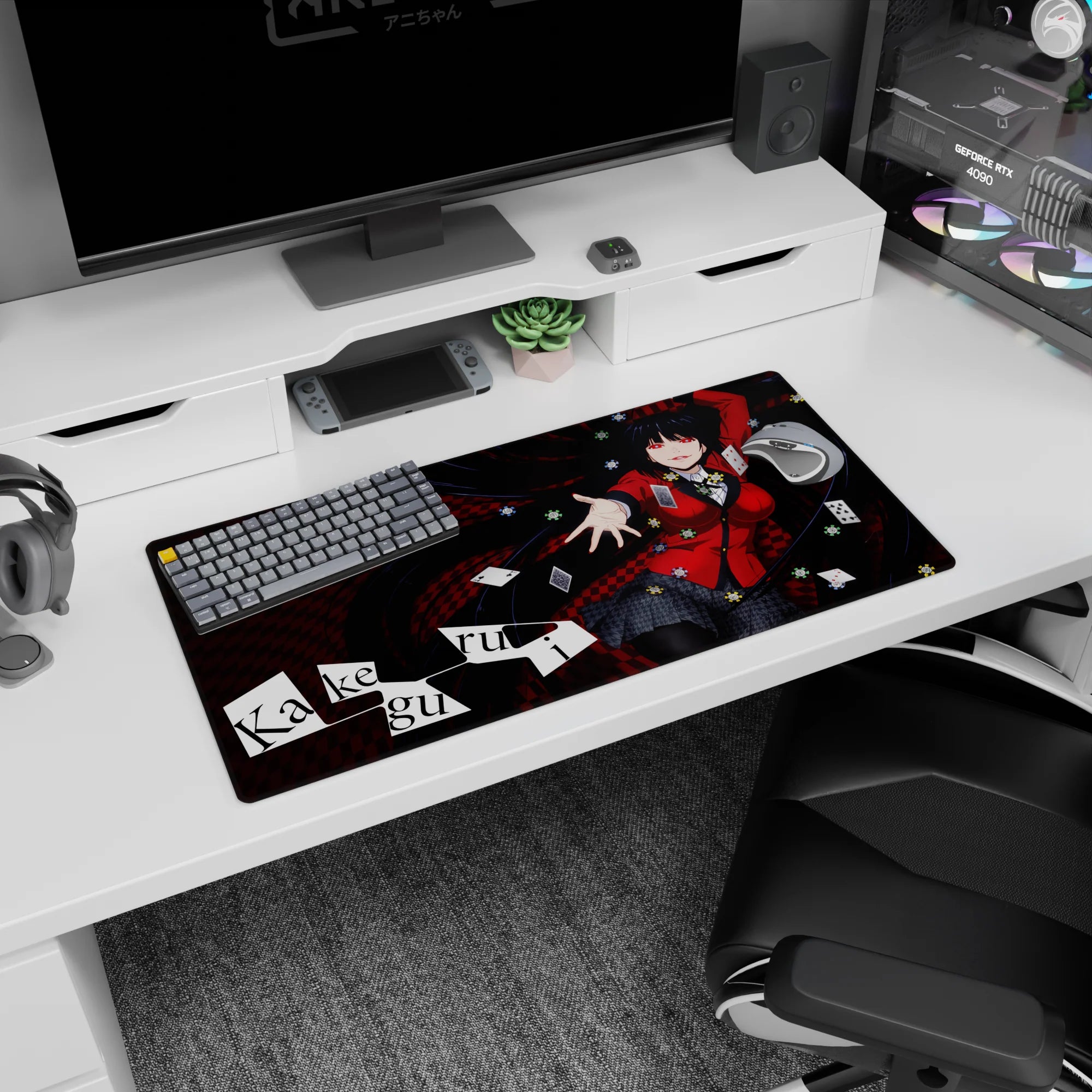 32x16 inches Kakegurui Yumeko Jabami mouse pad, sweet grin reaching out with flying cards and chips.