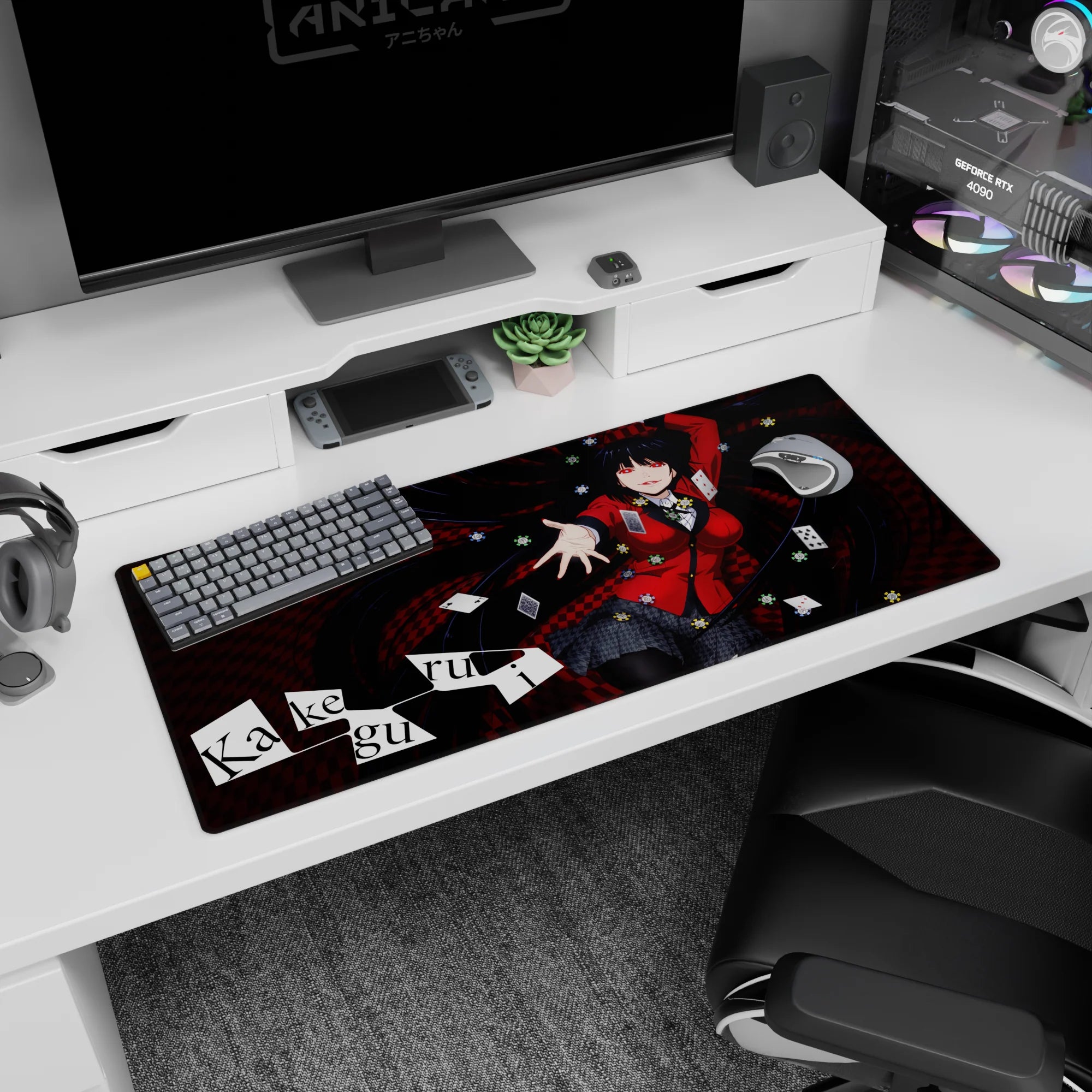36x16 inches Kakegurui desk pad featuring Yumeko Jabami reaching out with a daring grin and flying cards.