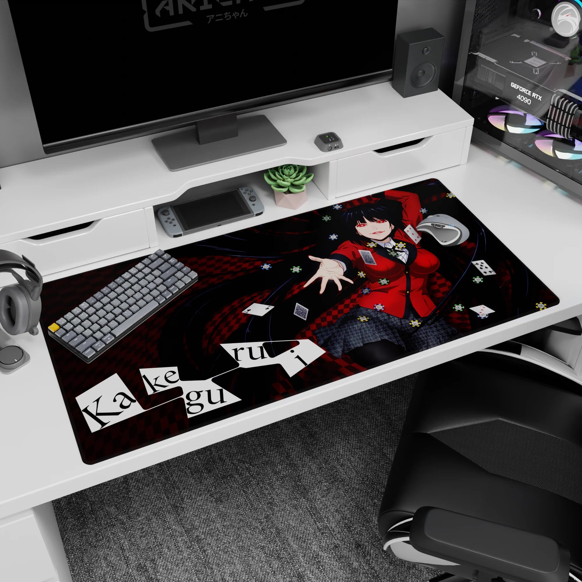 40x20 inches Kakegurui desk pad featuring Yumeko Jabami reaching out, grinning, as cards and chips fly.