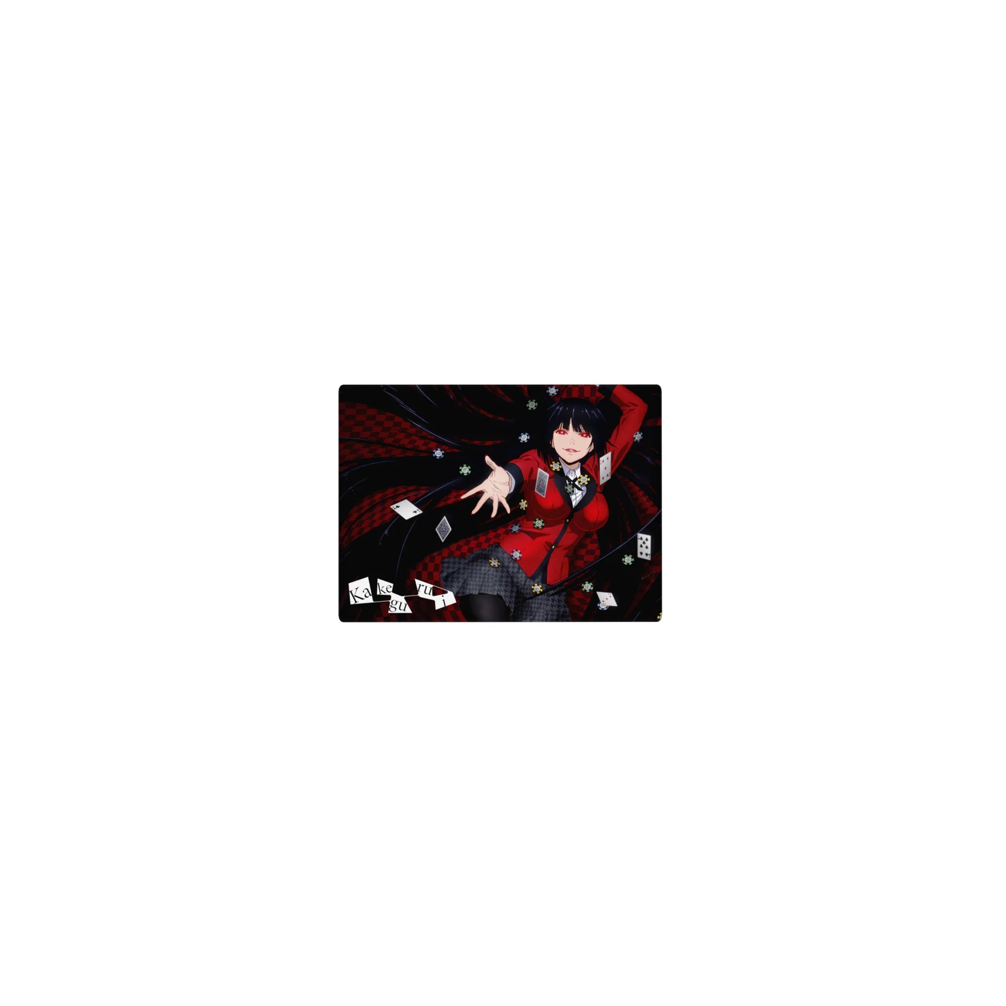 Classic anime girl mouse pad 14x10 inches with casino cards, chips, and black-red checker swirl background.