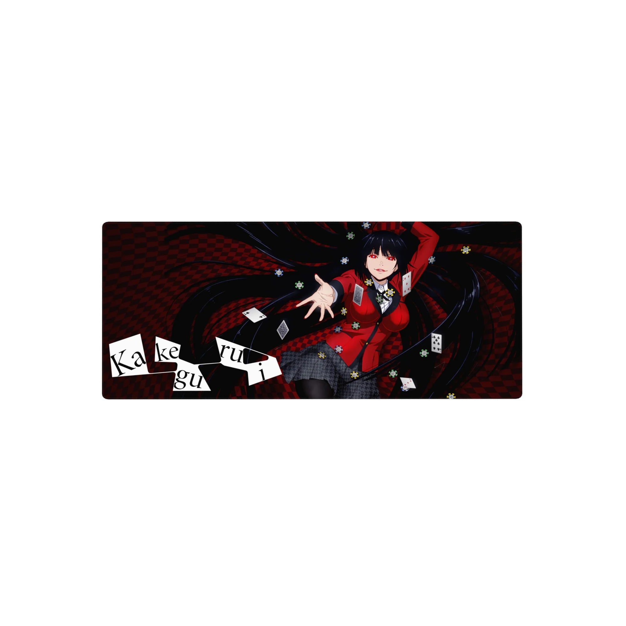 28x12 inches anime girl mouse pad with casino cards and chips on a black-and-red checker swirl.