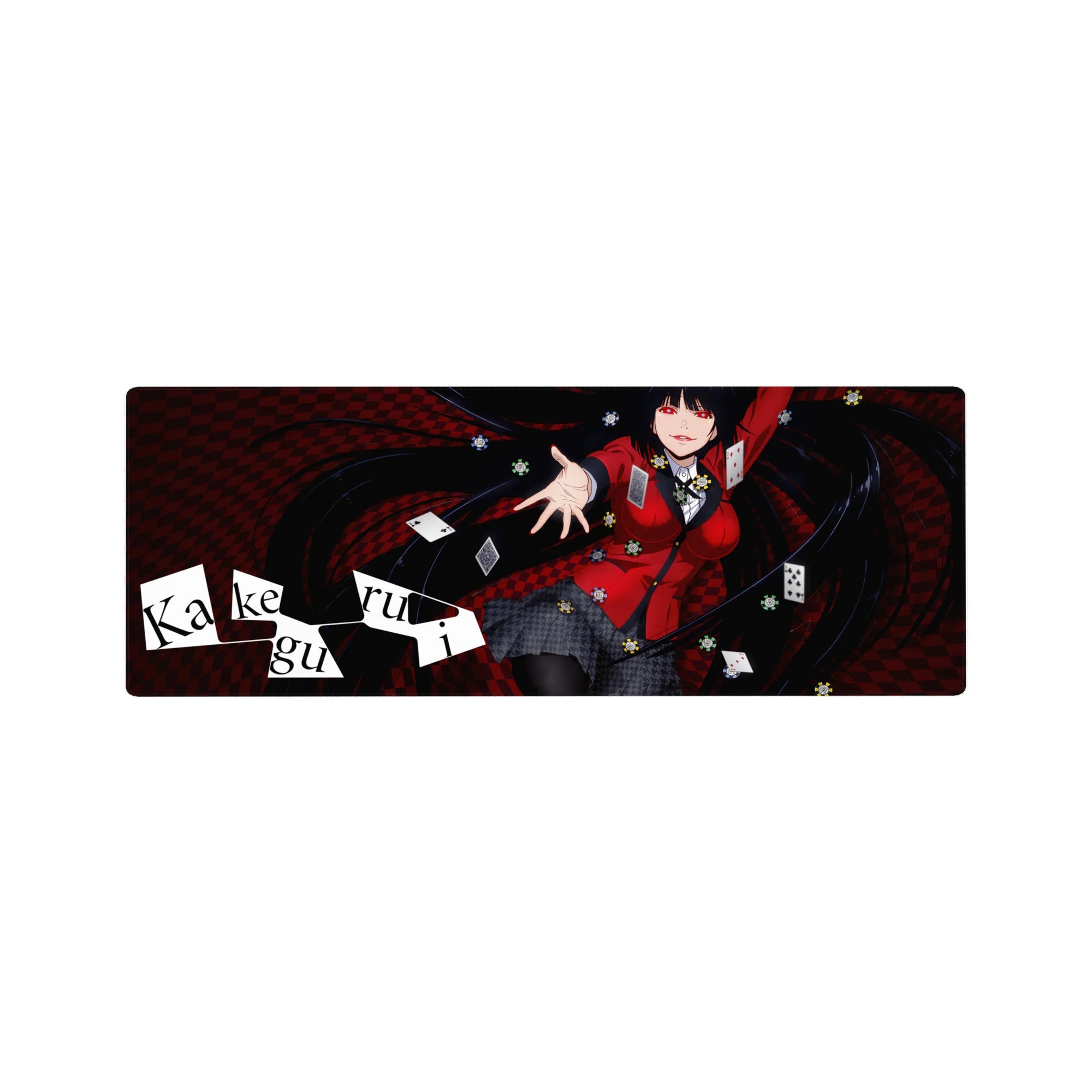 32x12 inches anime girl mouse pad with casino cards, chips, checker swirl backdrop, long hair action pose.