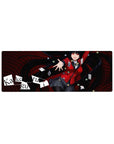 32x12 inches anime girl mouse pad with casino cards, chips, checker swirl backdrop, long hair action pose.