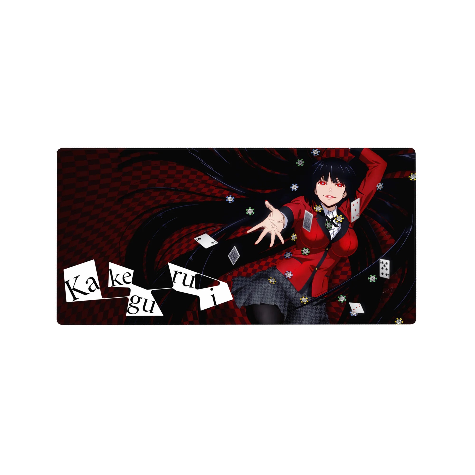 32x16 inches anime girl mouse pad with casino checker swirl, cards, chips, and bold desk mat art.