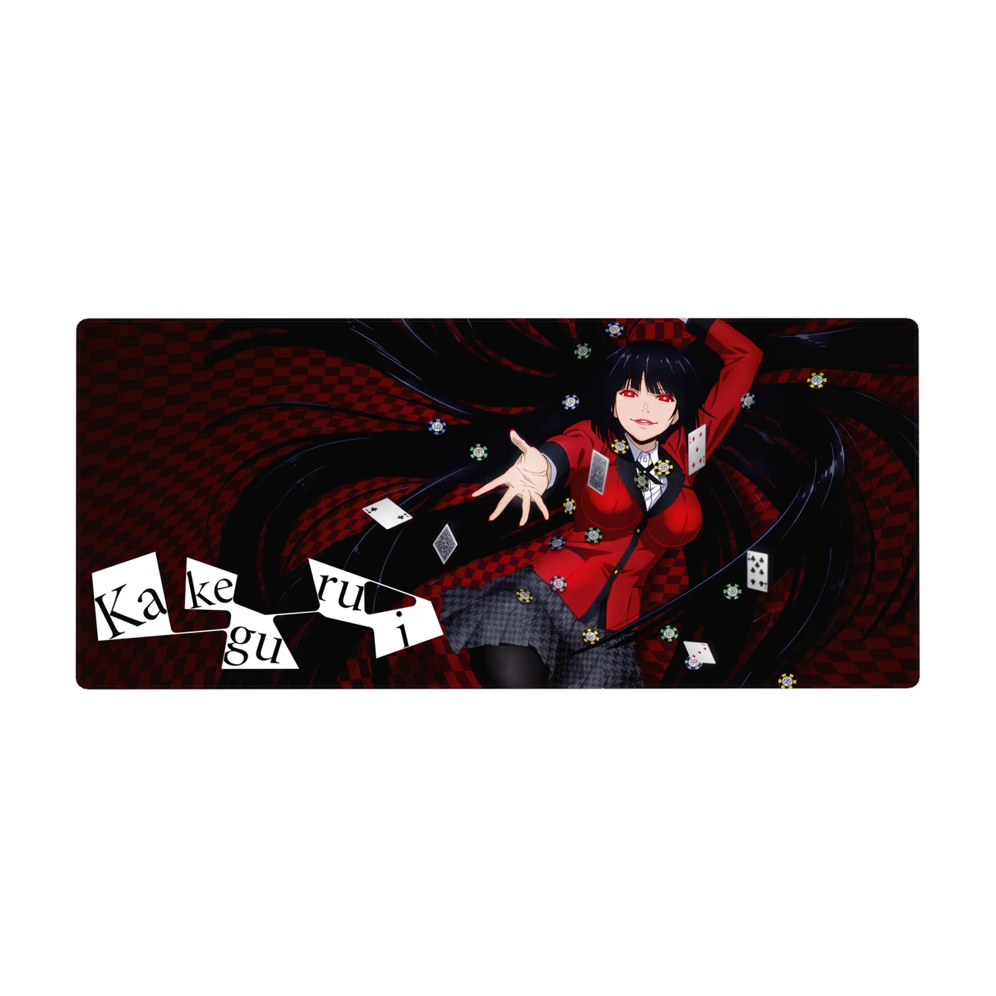 36x16 inches anime girl desk pad with casino cards, chips, and black-red checker swirl background.