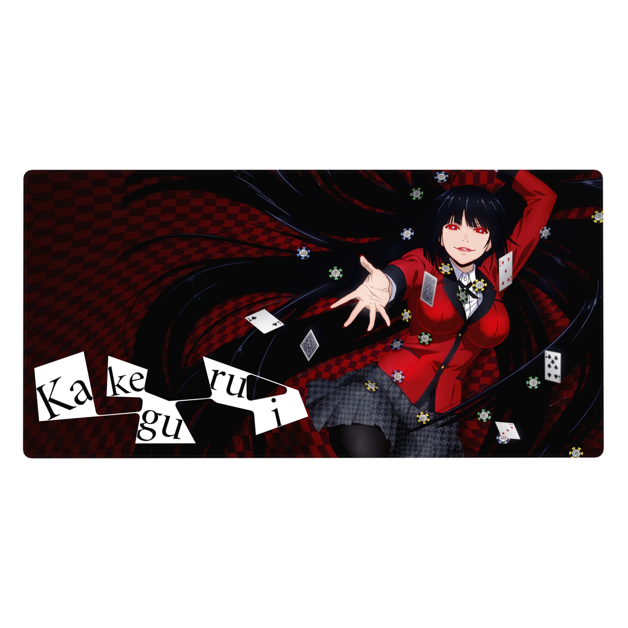 40x20 inches anime girl desk pad with casino cards, chips, and black-red checker swirl background.