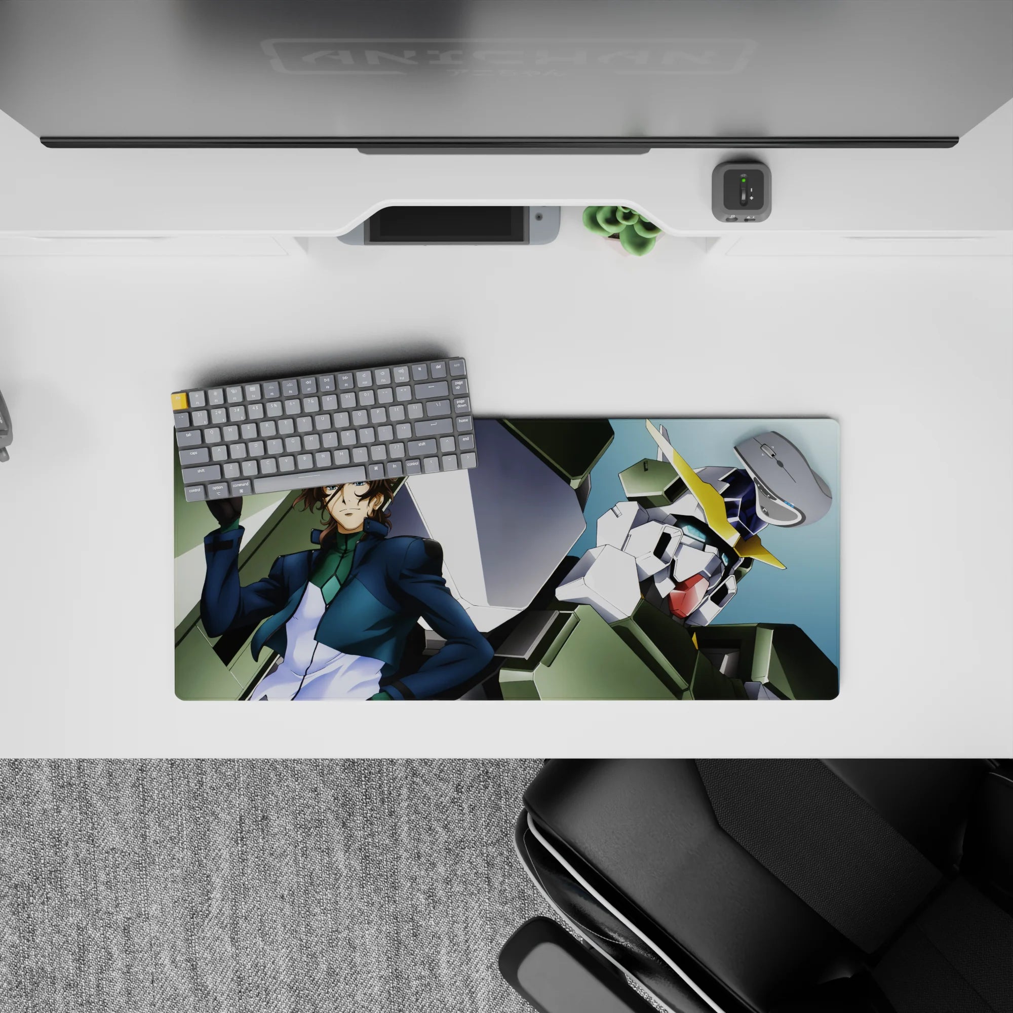 28x12 inches anime mouse pad in teal and navy shadows with bold yellow V-fin, cool heroic vibe.