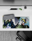 28x12 inches anime mouse pad in teal and navy shadows with bold yellow V-fin, cool heroic vibe.