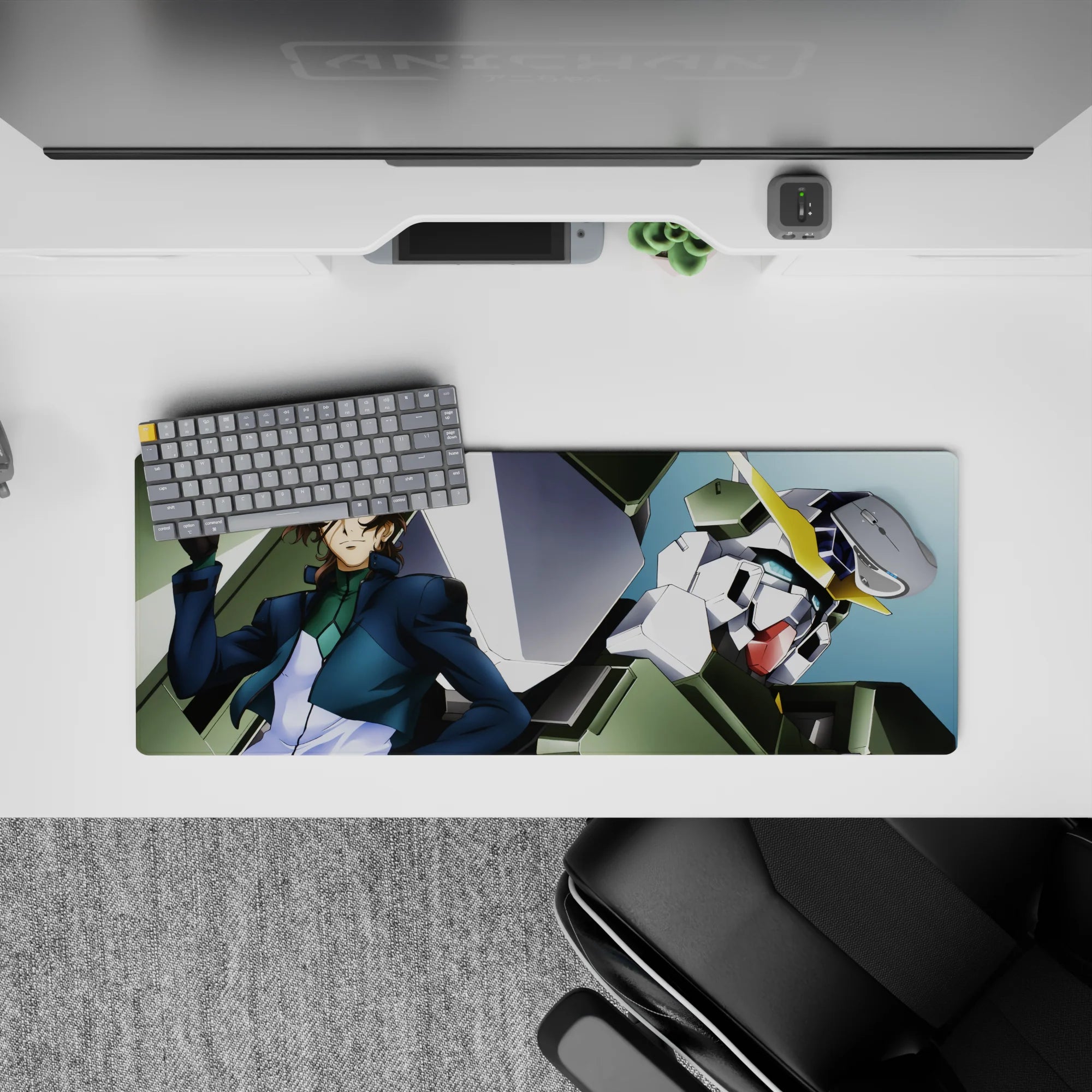 32x12 inches anime mouse pad in teal and navy shadows with bright yellow V-fin against a pale sky.