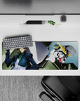 32x12 inches anime mouse pad in teal and navy shadows with bright yellow V-fin against a pale sky.