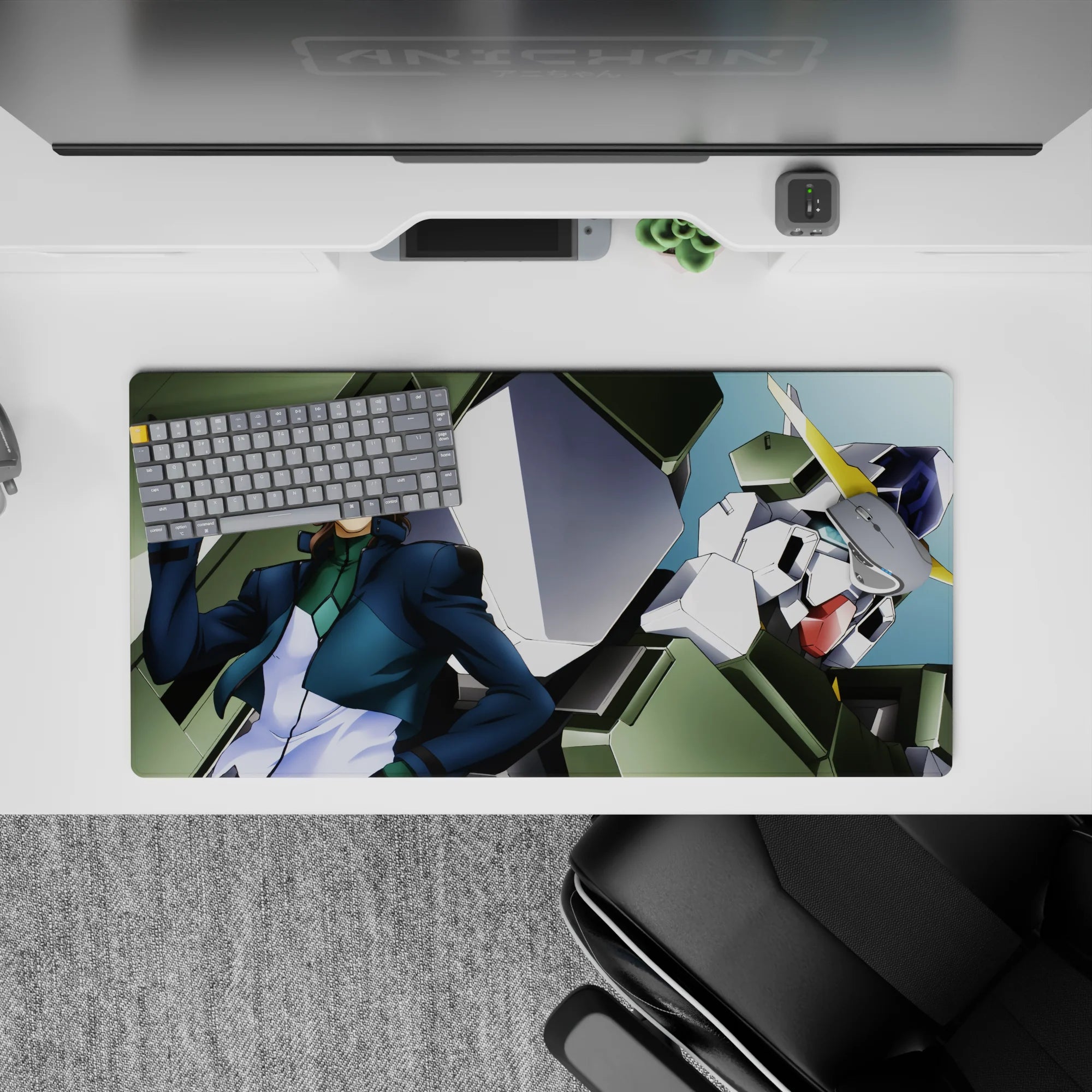 32x16 inches anime mouse pad in teal and navy shadows, bright yellow accents, crisp heroic vibe.