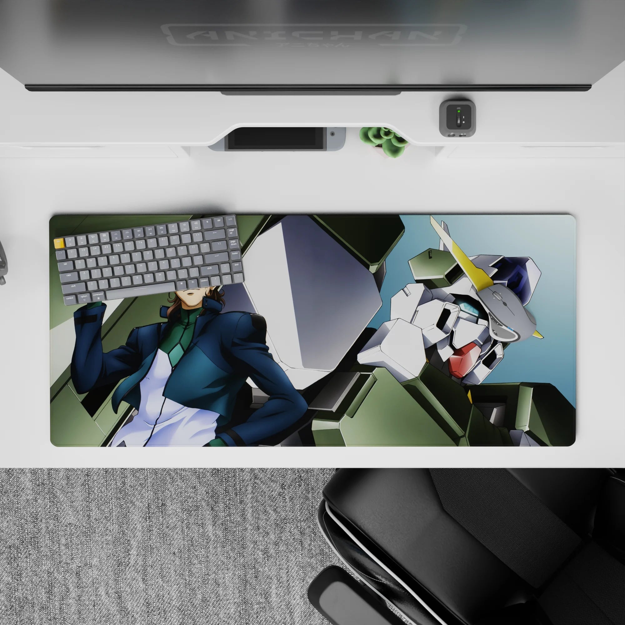 Teal and navy shaded Gundam desk pad 36x16 inches with bright yellow V-fin, cool heroic vibe.