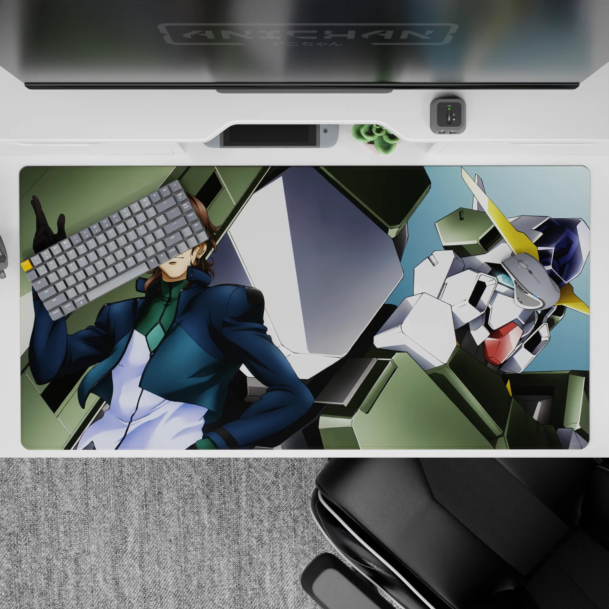 Teal and navy mech art desk pad 40x20 inches with bold yellow V-fin, crisp print, heroic vibe.
