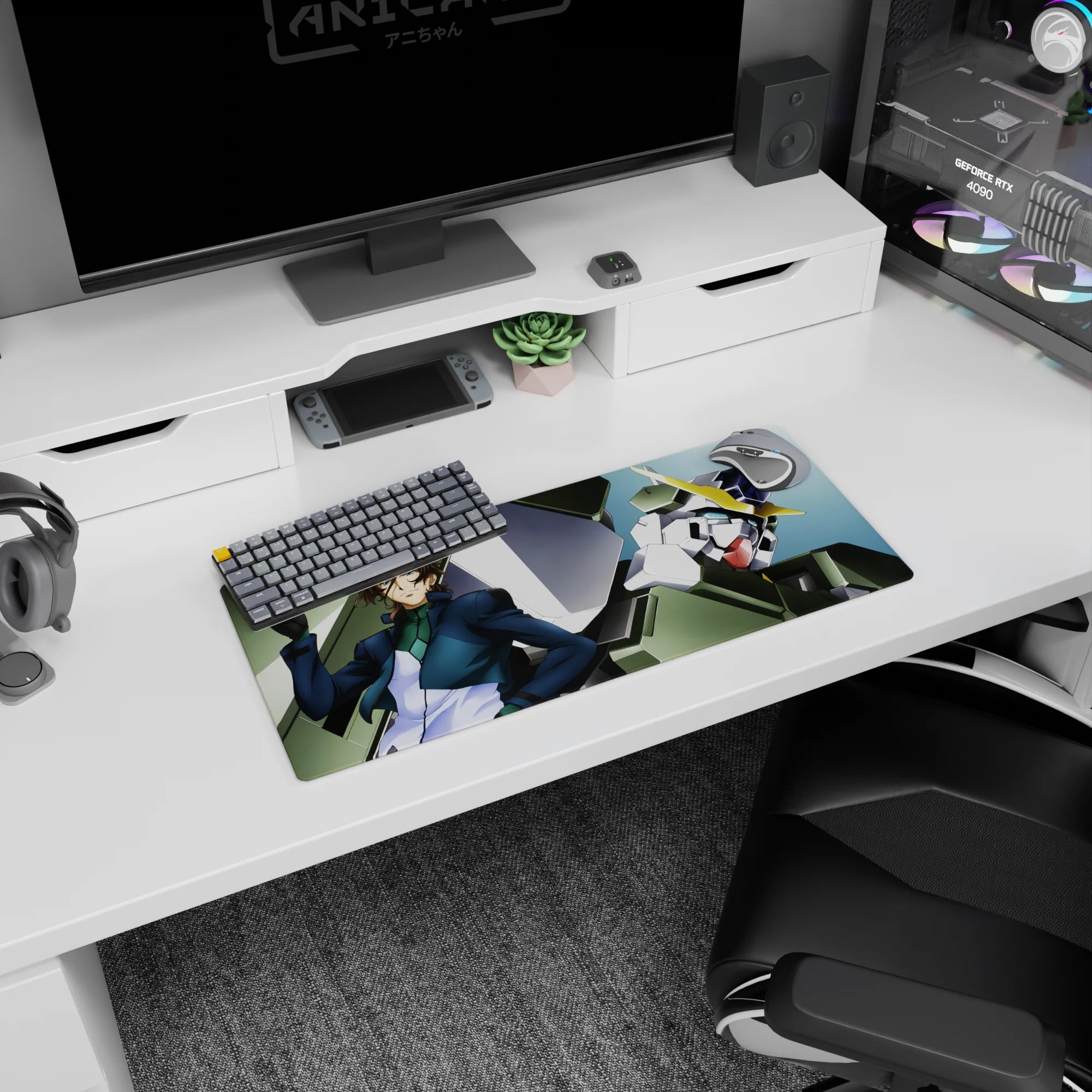 28x12 inches anime mouse pad showing Lockon Stratos leaning cool as Gundam Dynames towers behind him.