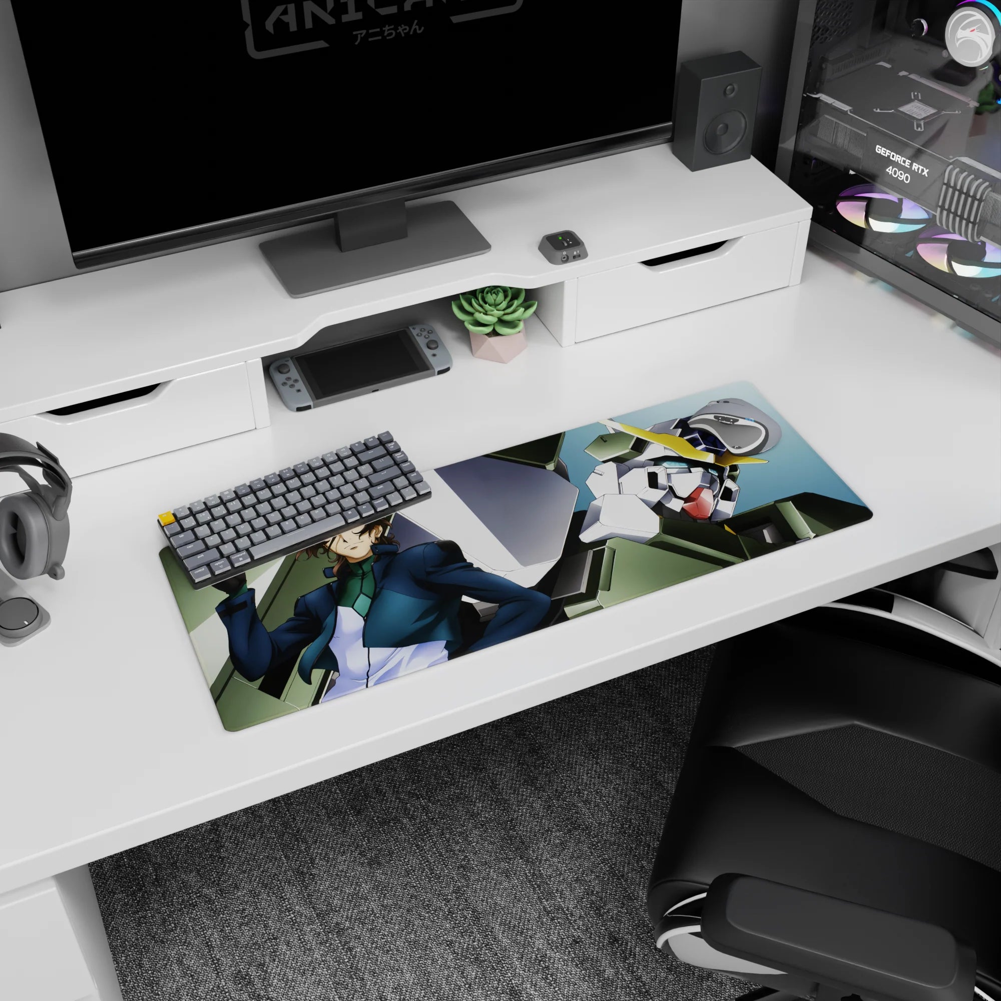32x12 inches anime mouse pad scene of Lockon Stratos leaning cool as Gundam Dynames looms behind.