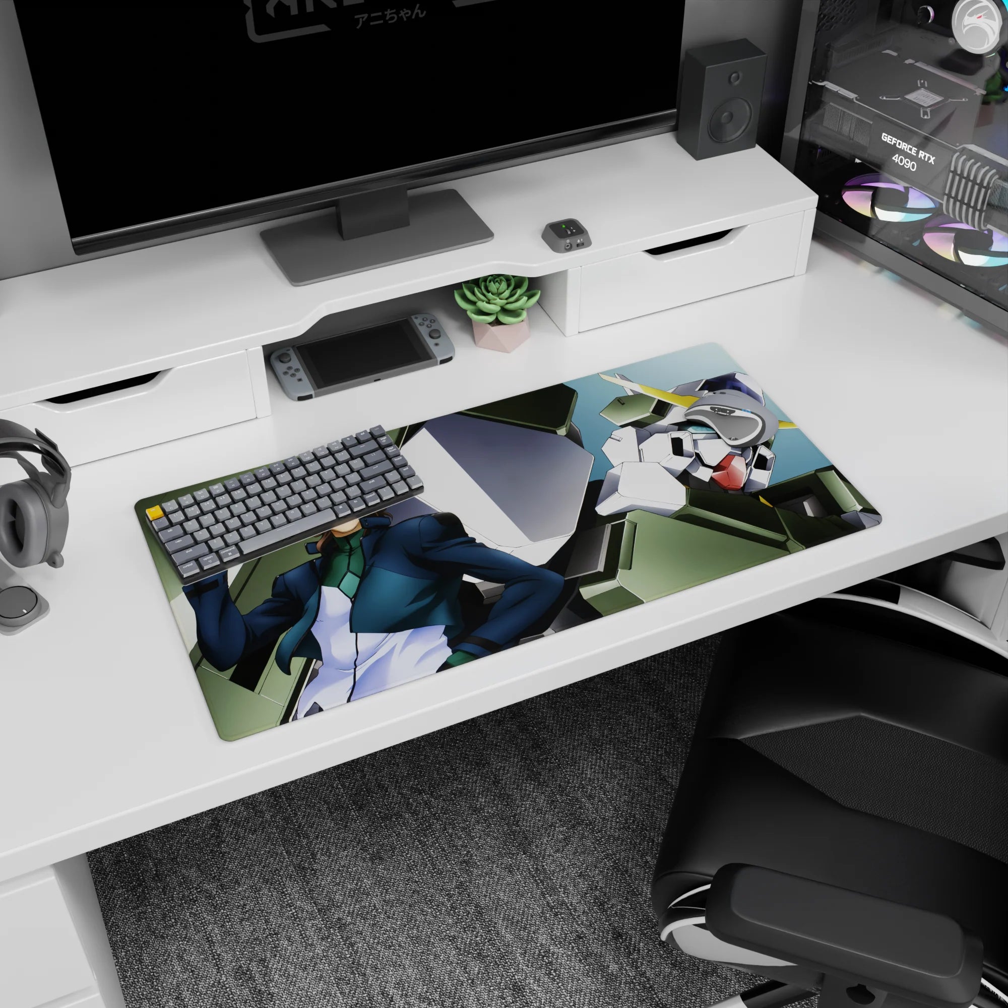 32x16 inches Gundam 00 mouse pad showing Lockon Stratos leaning cool as Dynames towers behind.