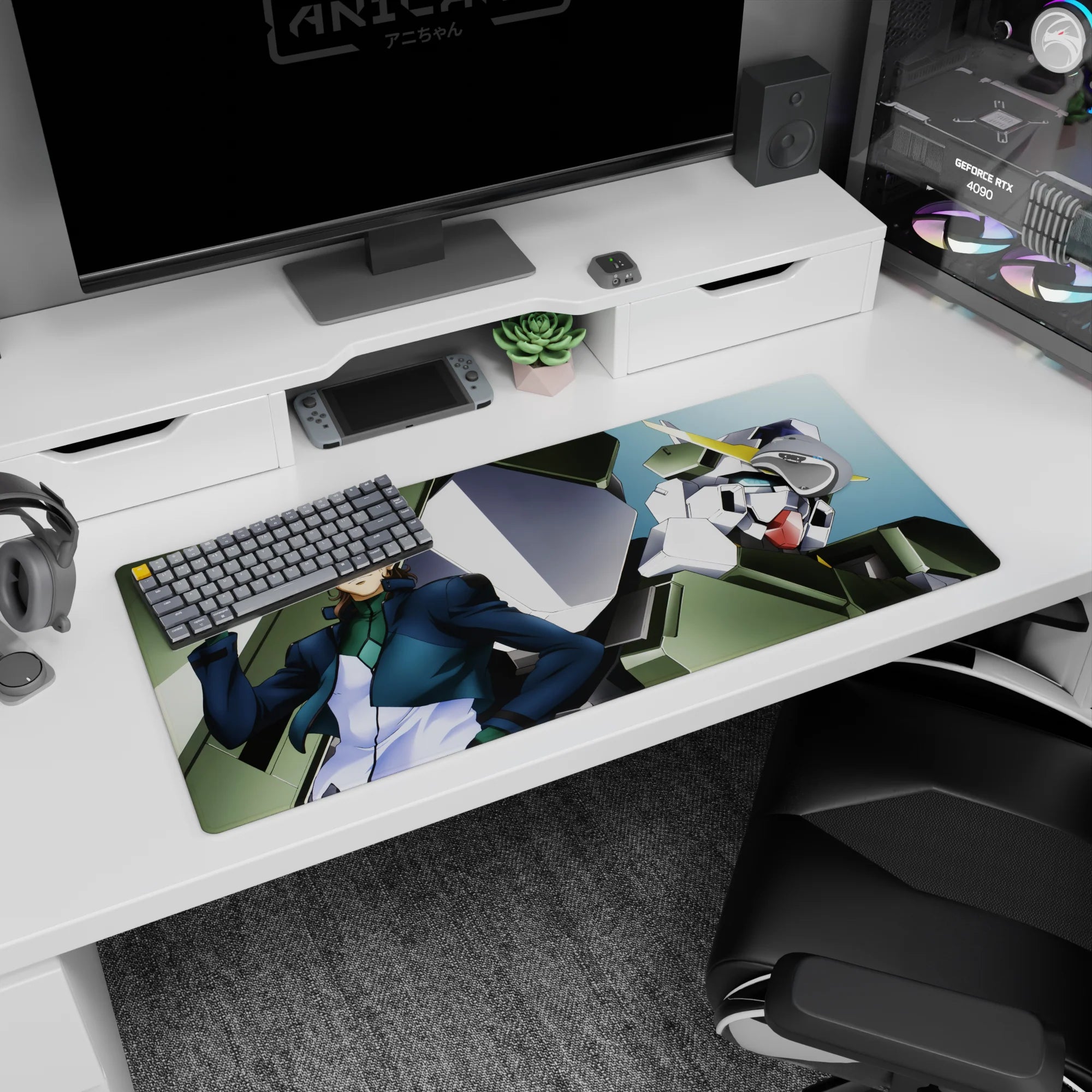 Lockon Stratos with Gundam Dynames filling the frame on an anime desk pad 36x16 inches.